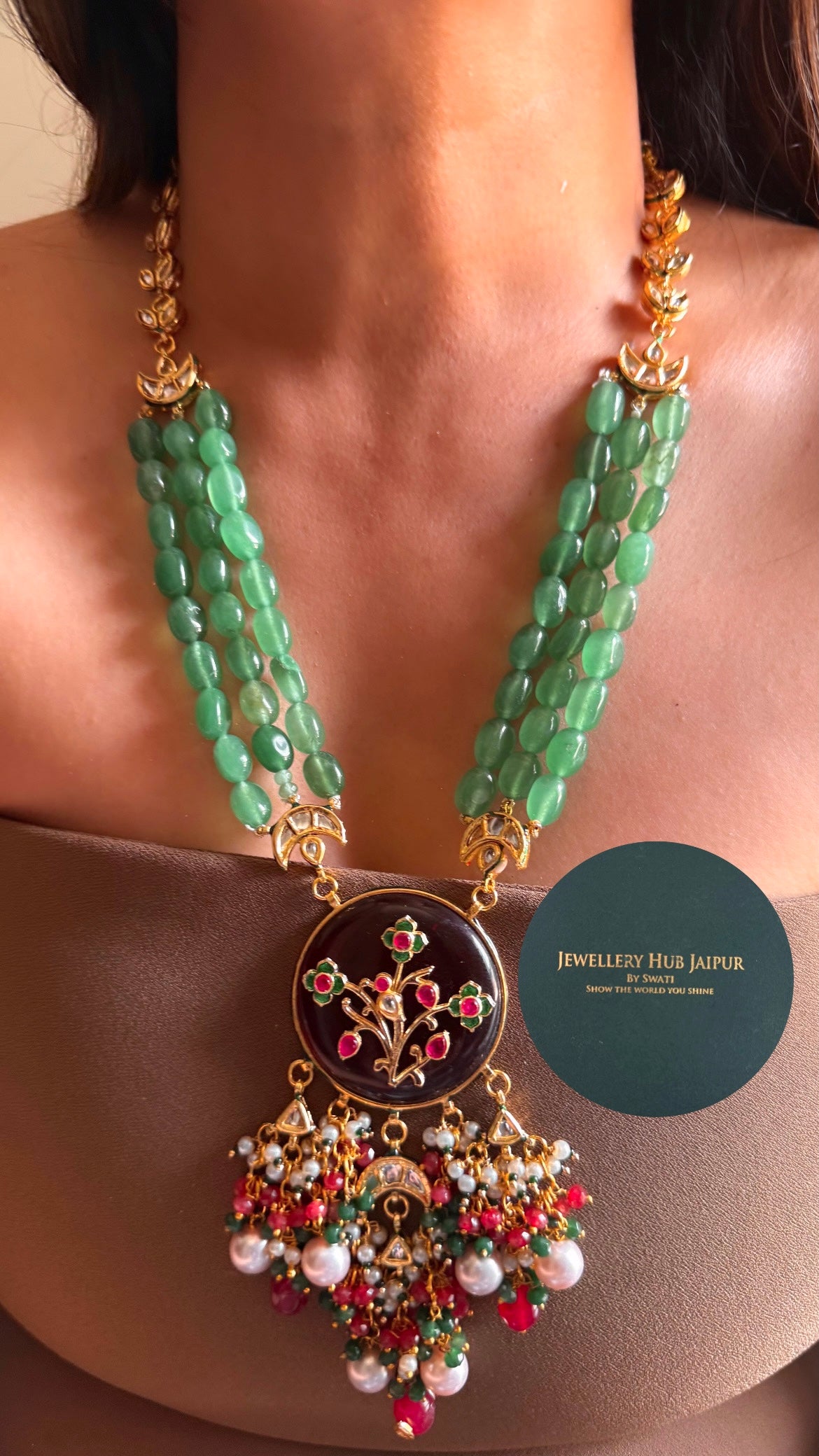 Ruby floral inlay work & mint string with meenakari paachi heritage long set
