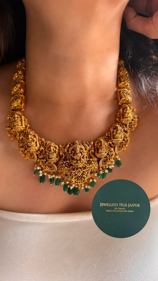 Goddess laxmi with emerald drop temple collar set