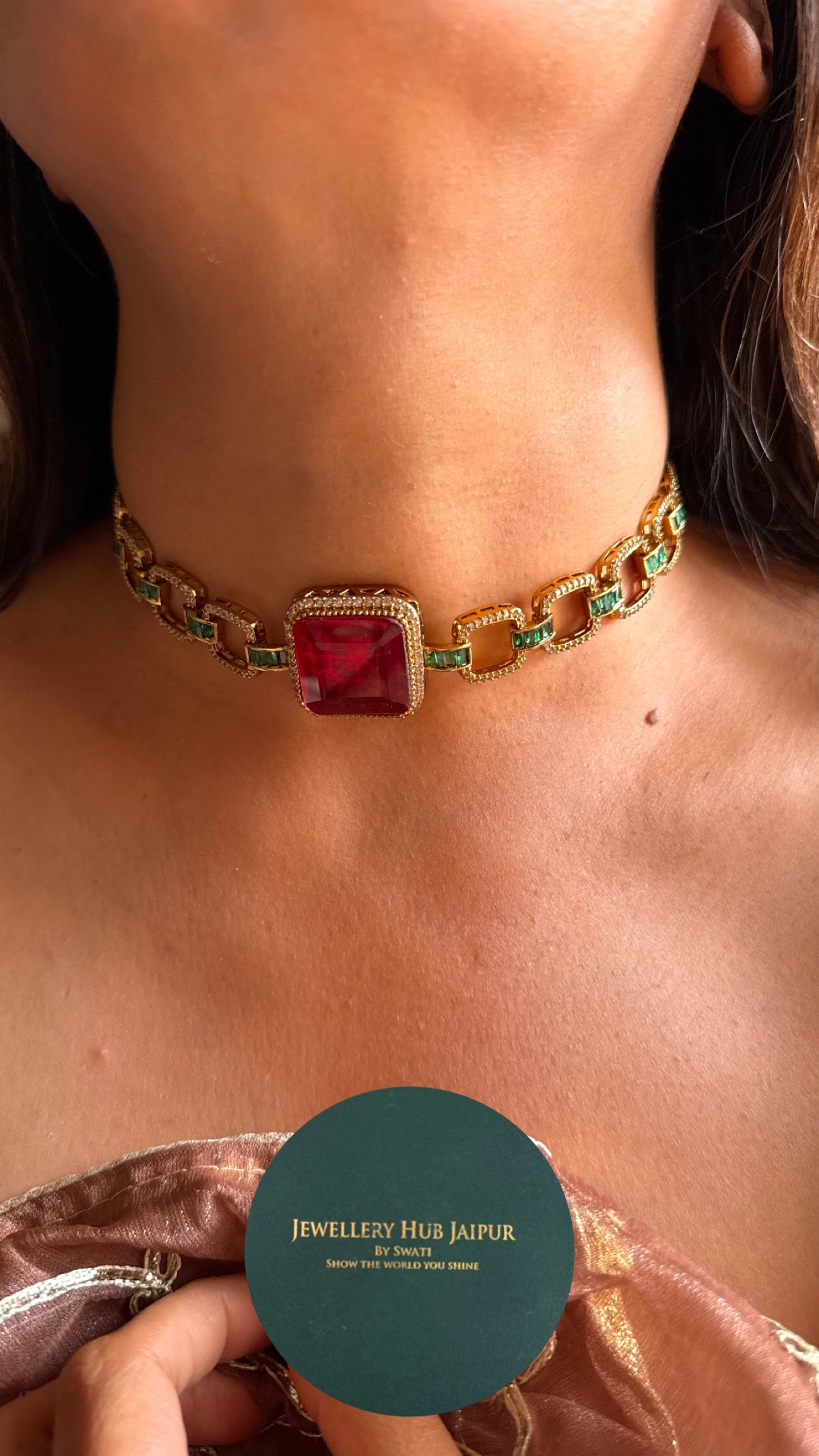 Ruby & emerald minimalist Choker necklace set