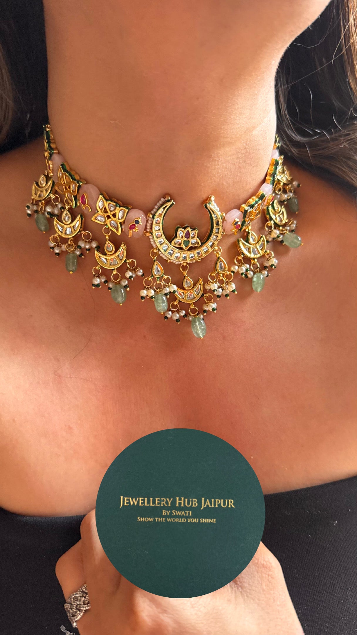 Rose quartz inlay with mint drops meenakari work choker Necklace