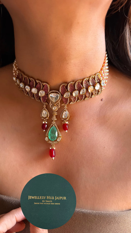 Mint doublet with ruby drops choker set with earrings
