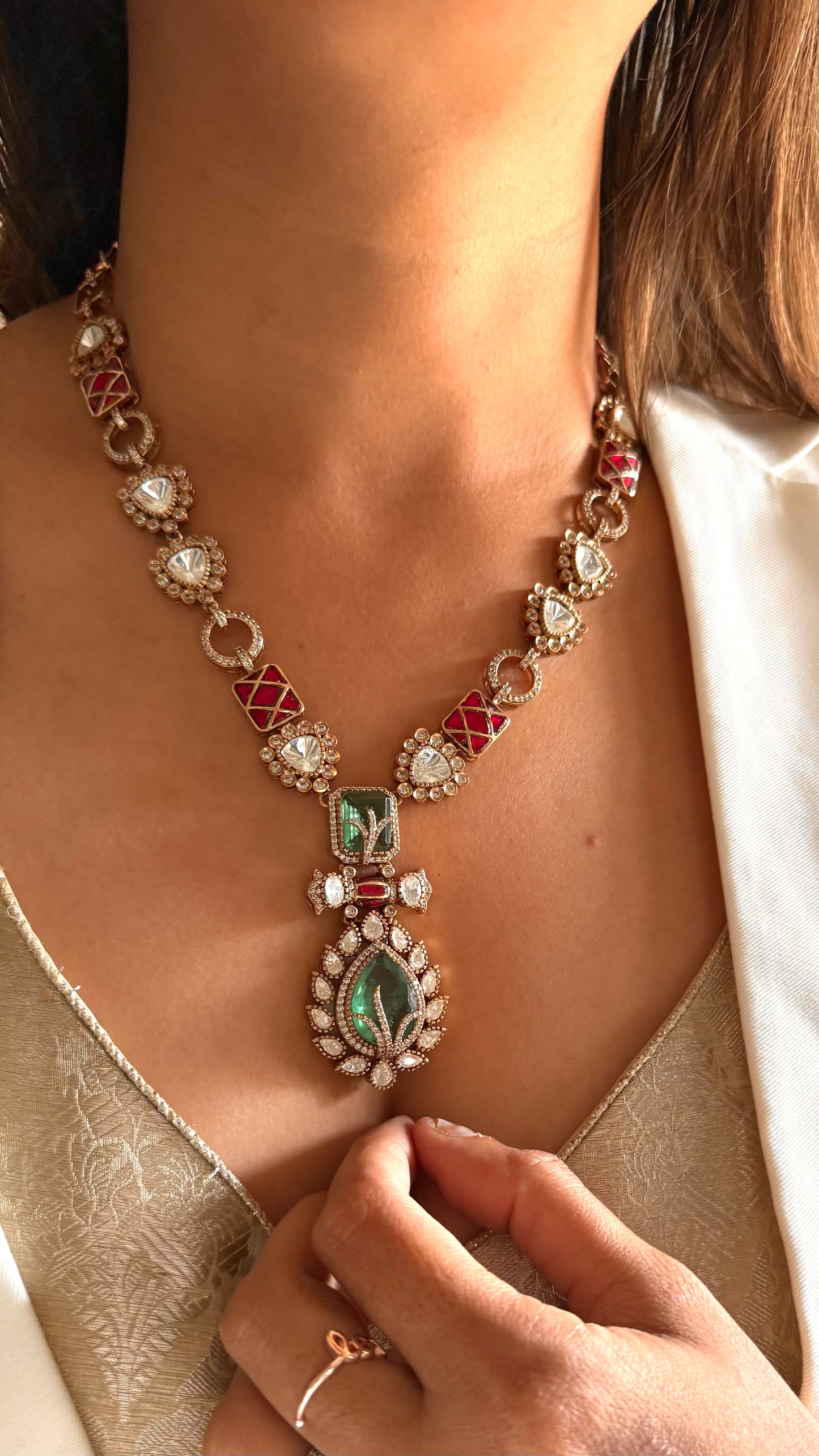 Shiva Mint doublet & ruby katdana moissanite collar necklace