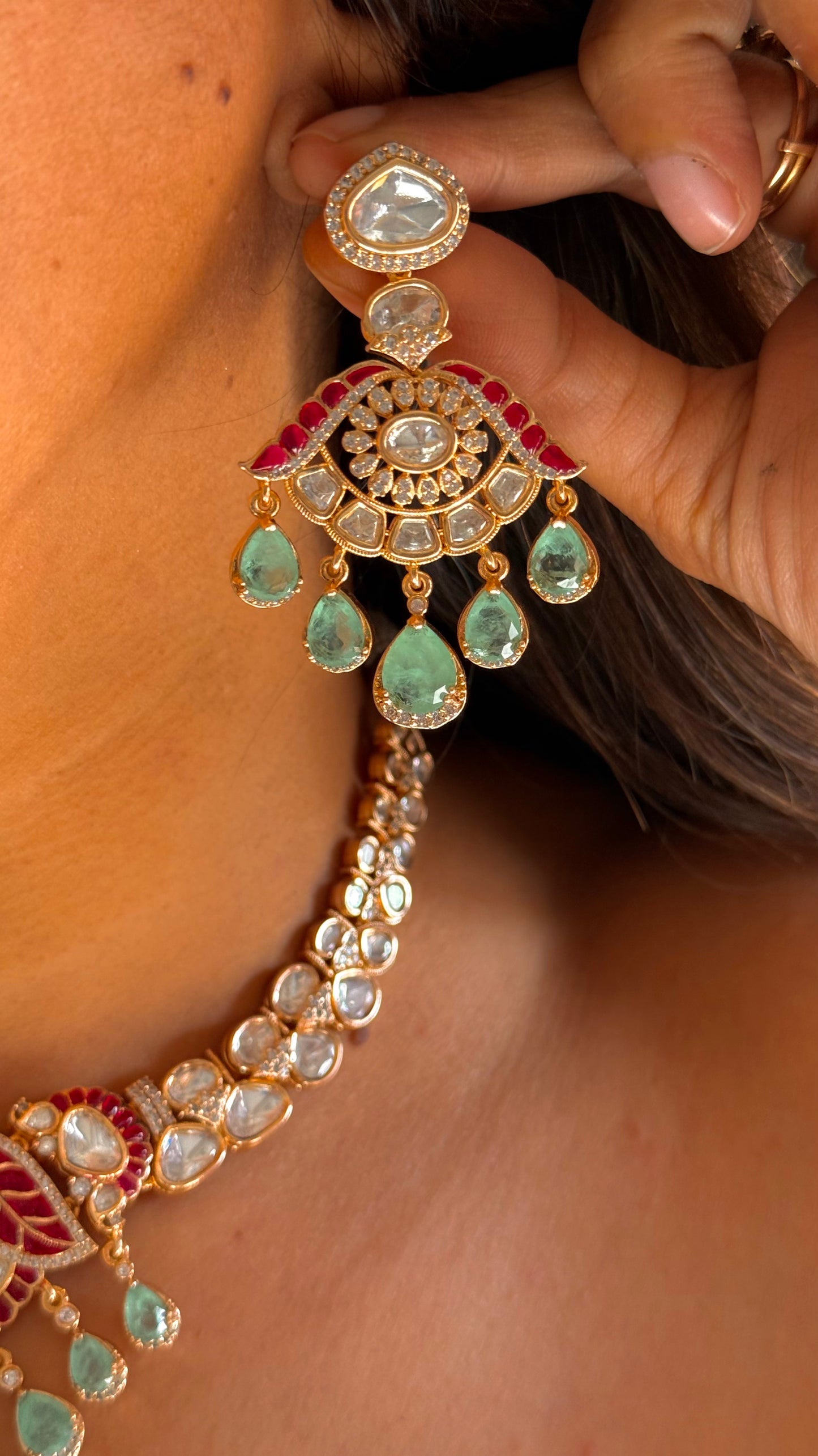 Mint & ruby leaf designer necklace