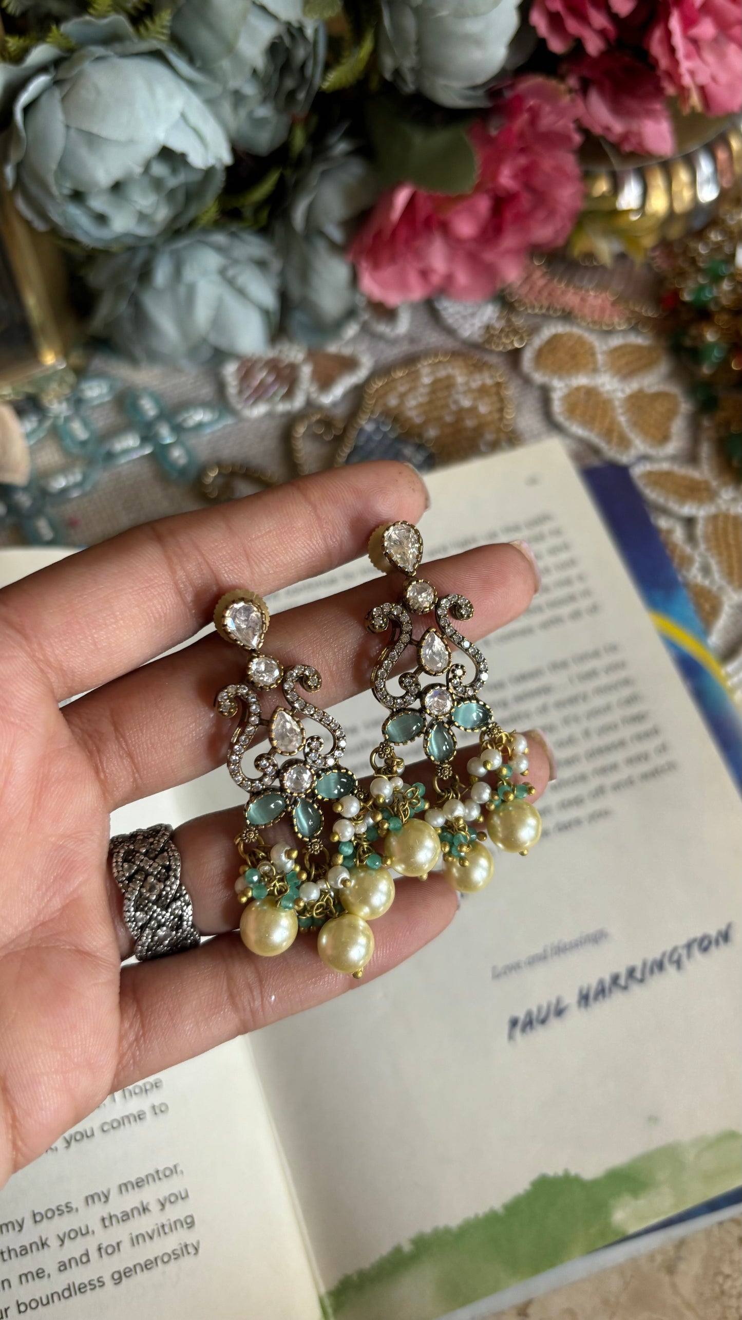 Mint Moissanite collar necklace with earrings