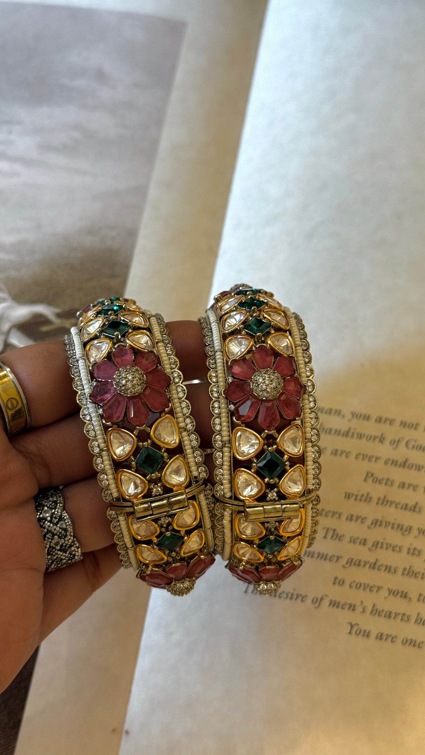 Mauve floral & emerald dual polish polki bangles