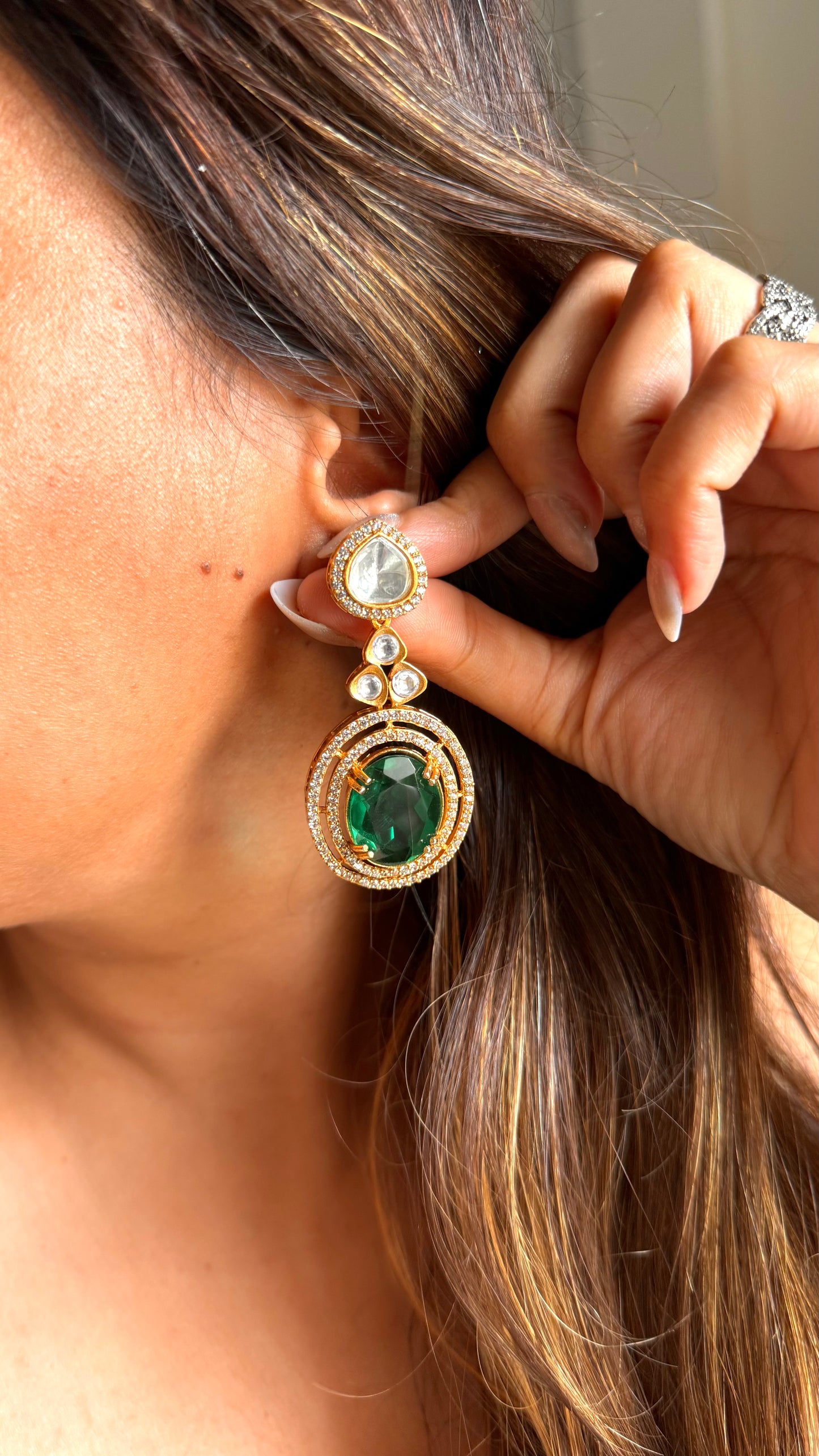 Emerald doublet moissanite danglers