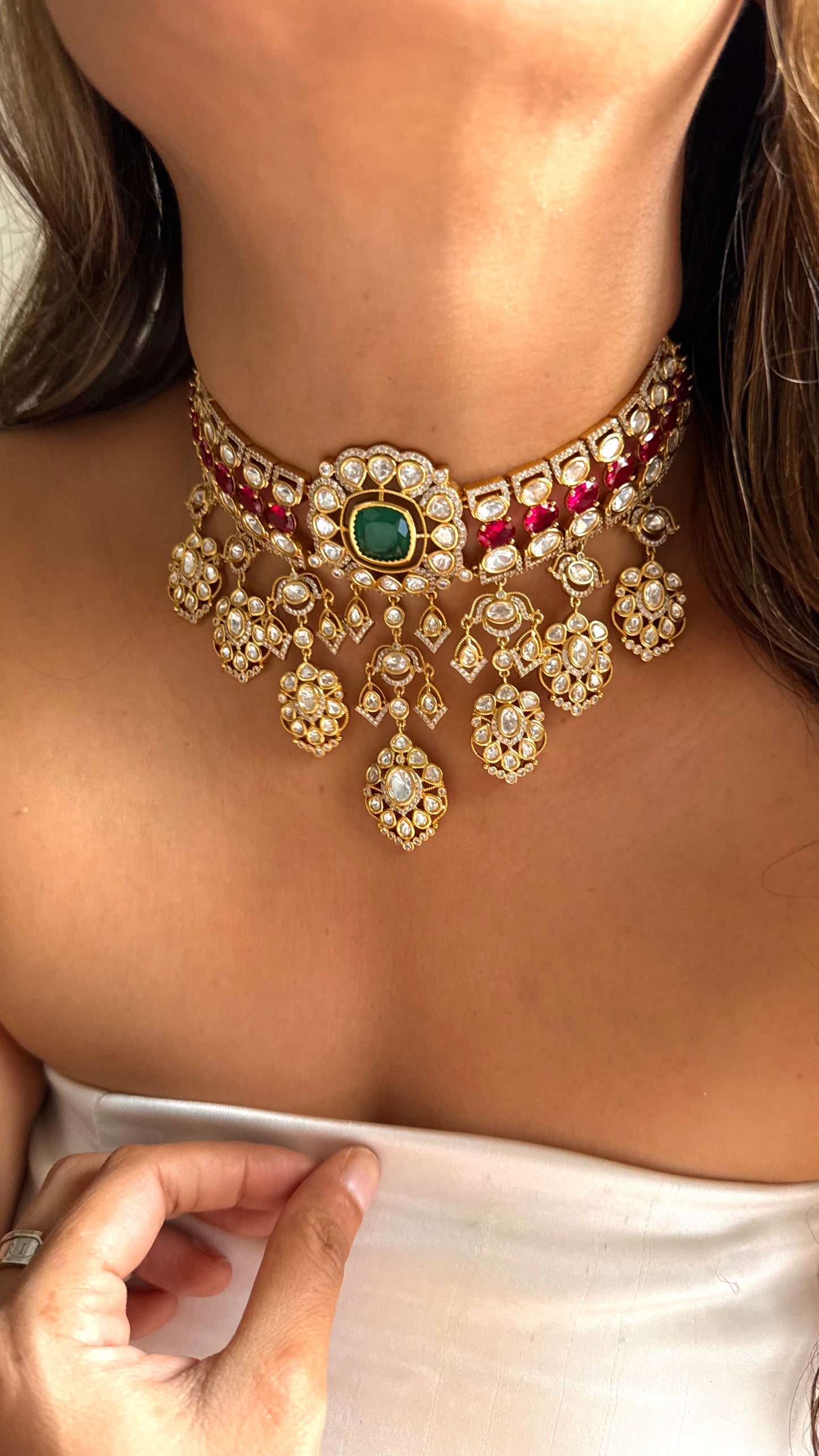 Emerald & Ruby Polki waterfall, choker