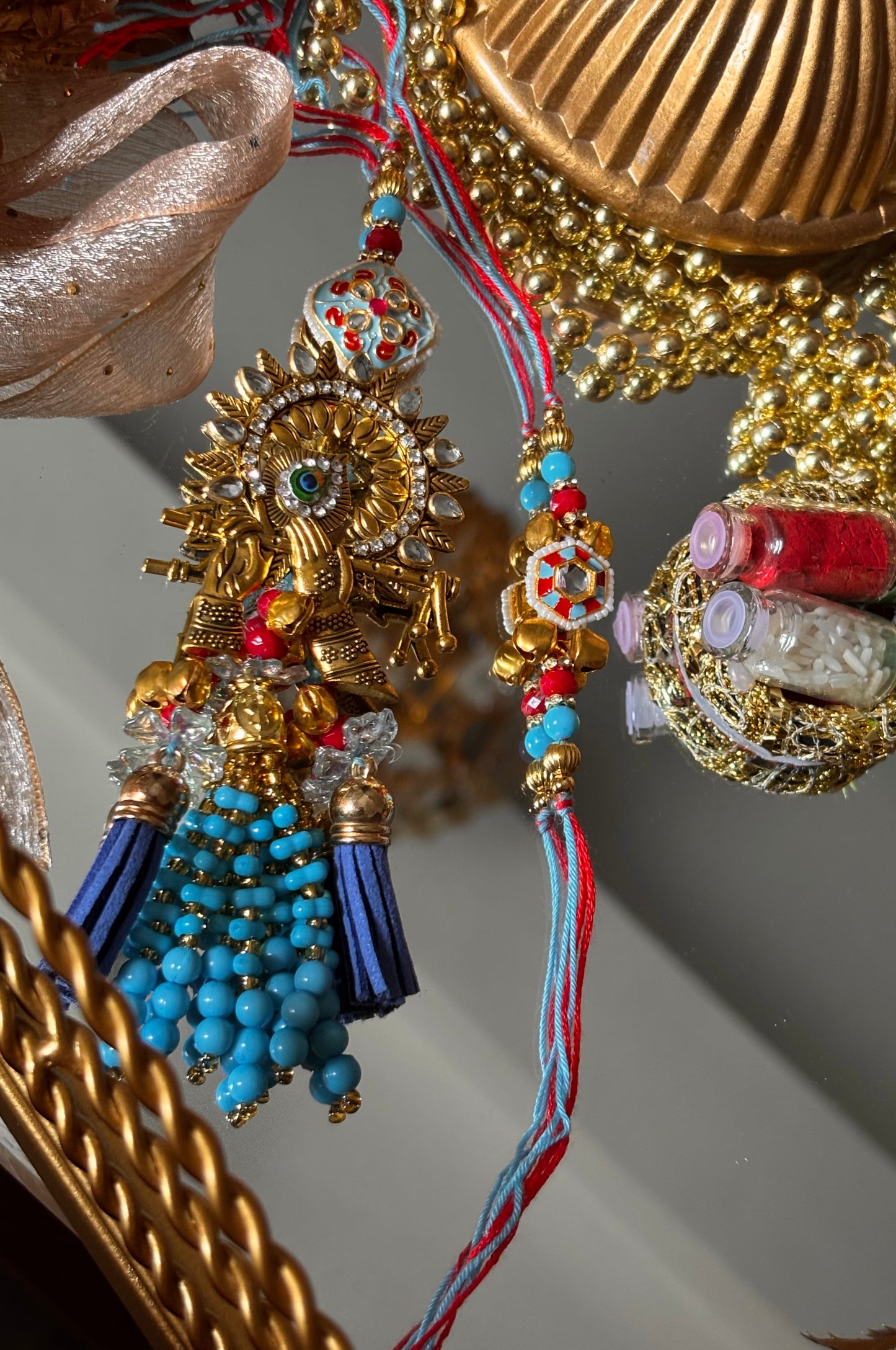 Lord Krishna bansuri meenakari firoza bhaiya bhabi rakhi ( shipping will be extra )