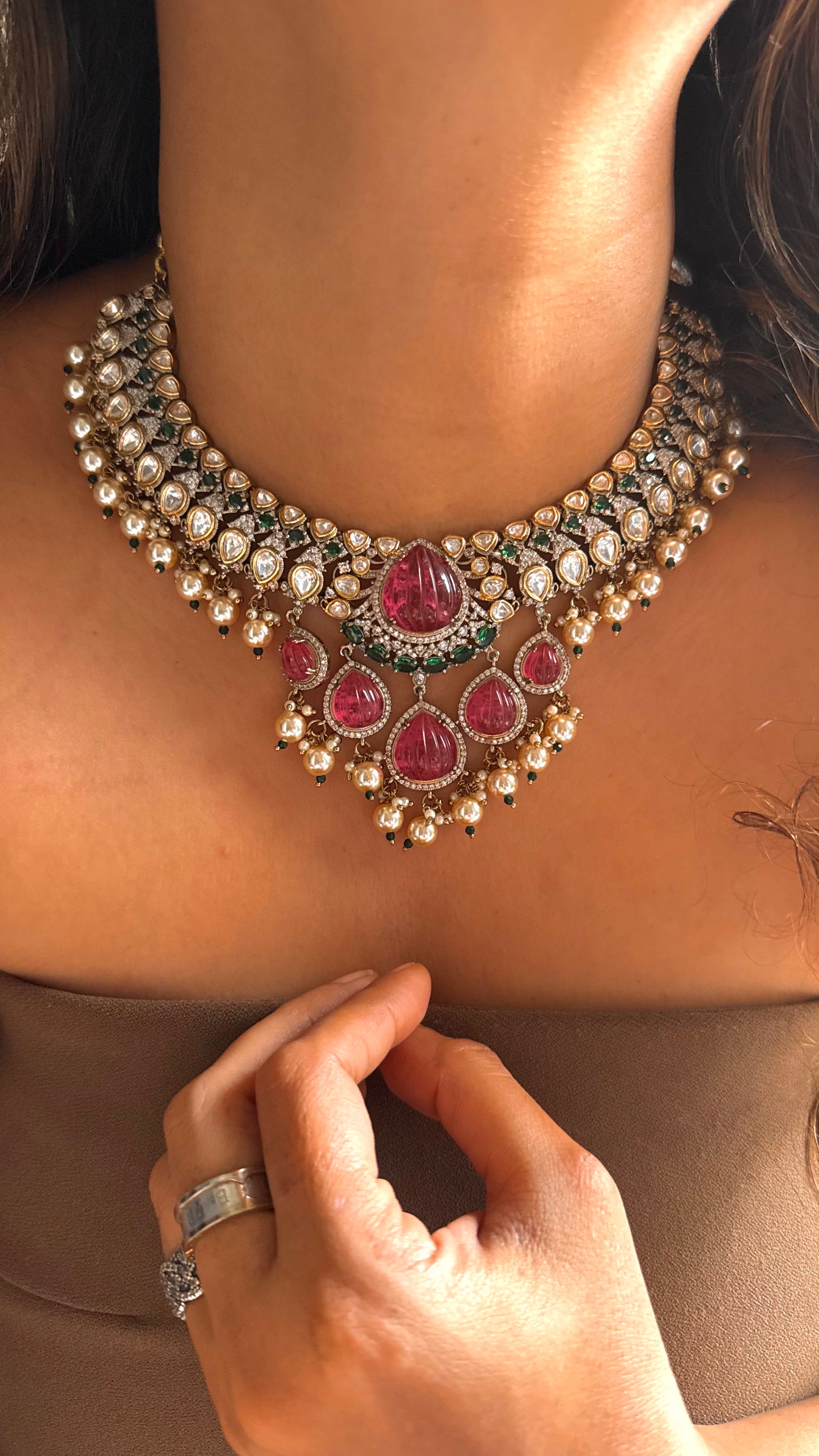 Amethyst rose & emerald polki statement necklace with pearl drop detailing