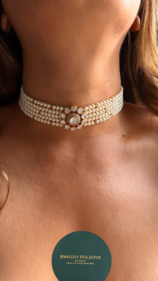 Real Moissanite floral polki pearl detailing choker necklace