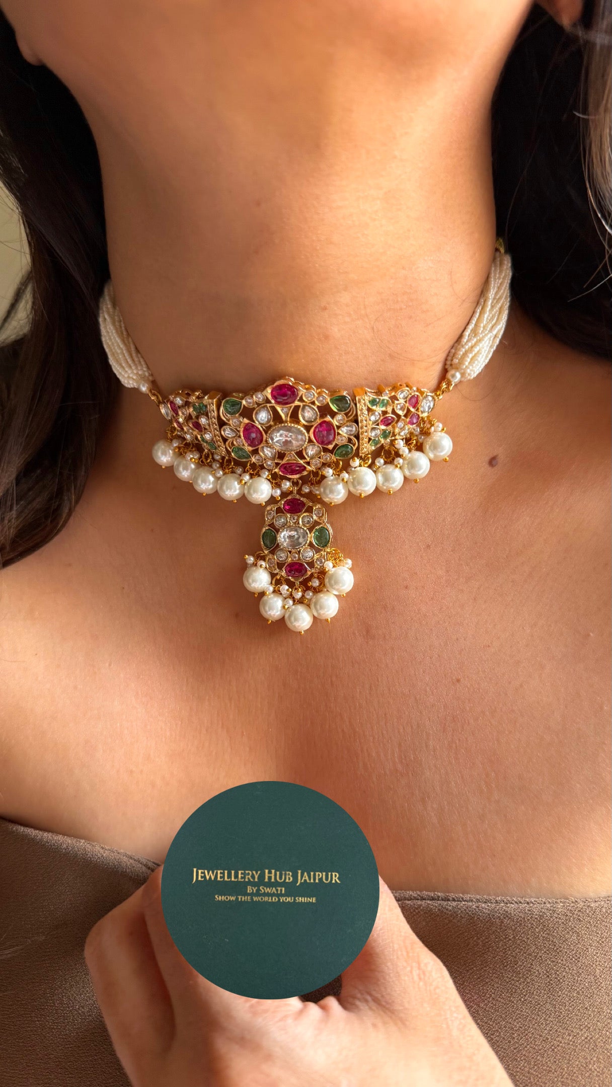 Paachi Kundan Rani pink ruby & mint with pearl detailing choker necklace