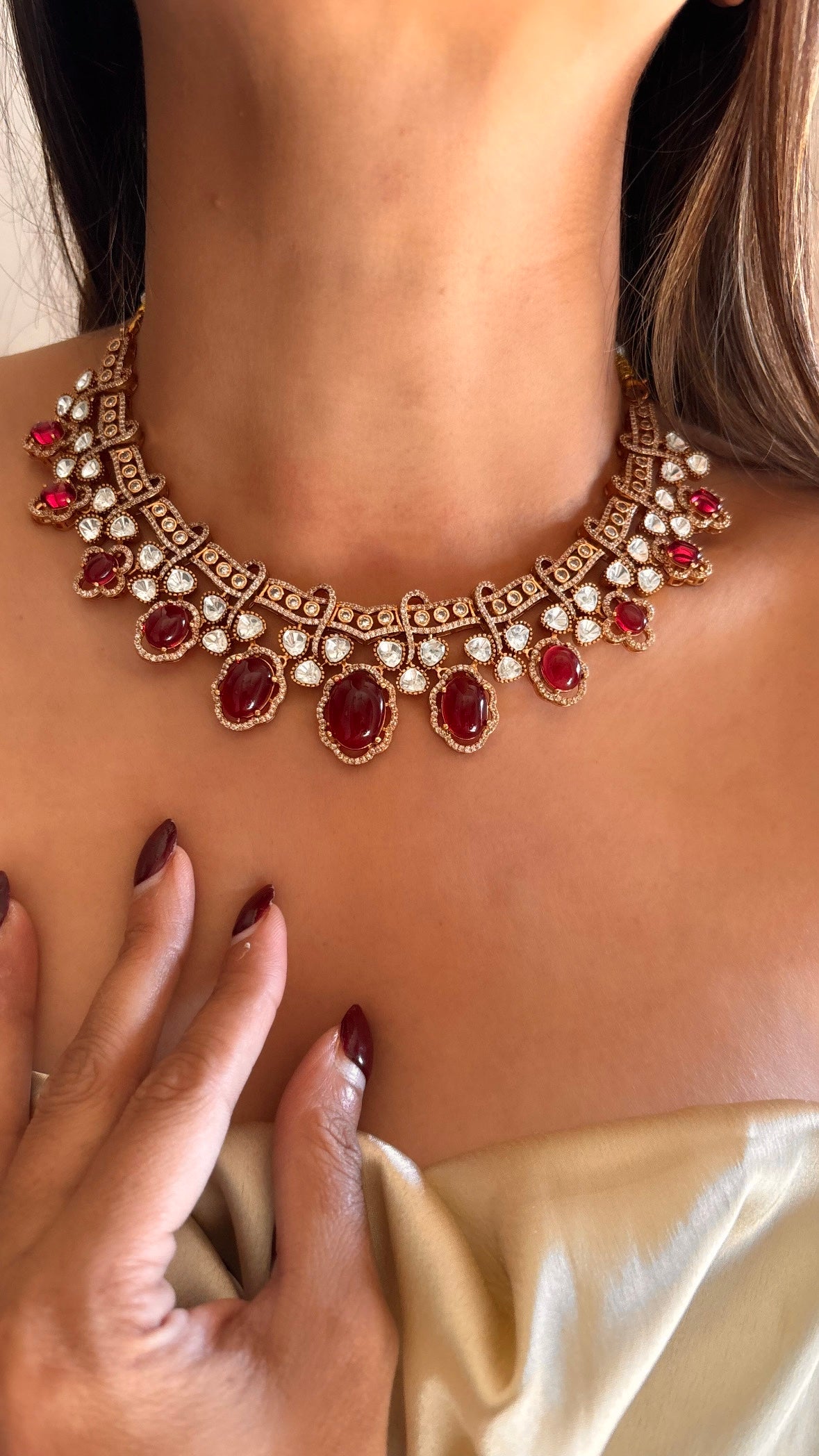 Ruby Moissanite designer collar necklace with earrings