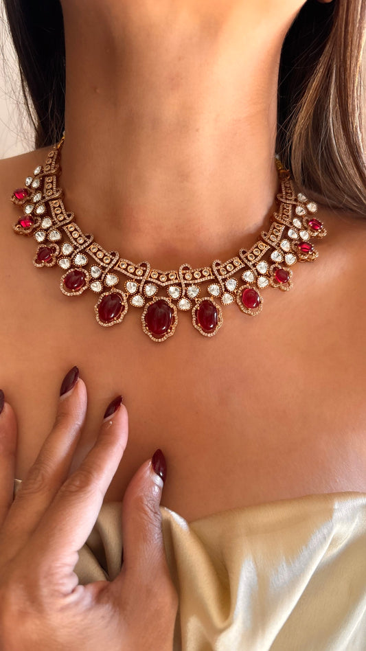 Ruby Moissanite designer collar necklace with earrings