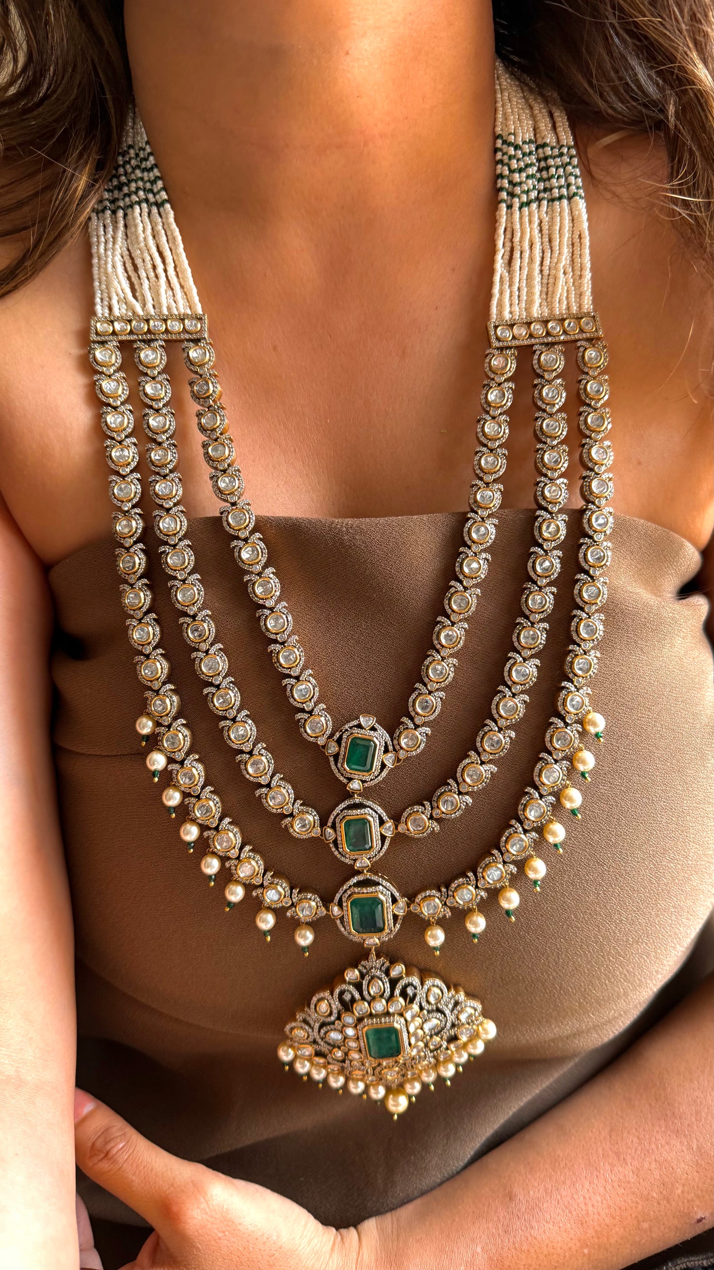 Emerald & Polki Victorian Rani Haar with pearl detailing