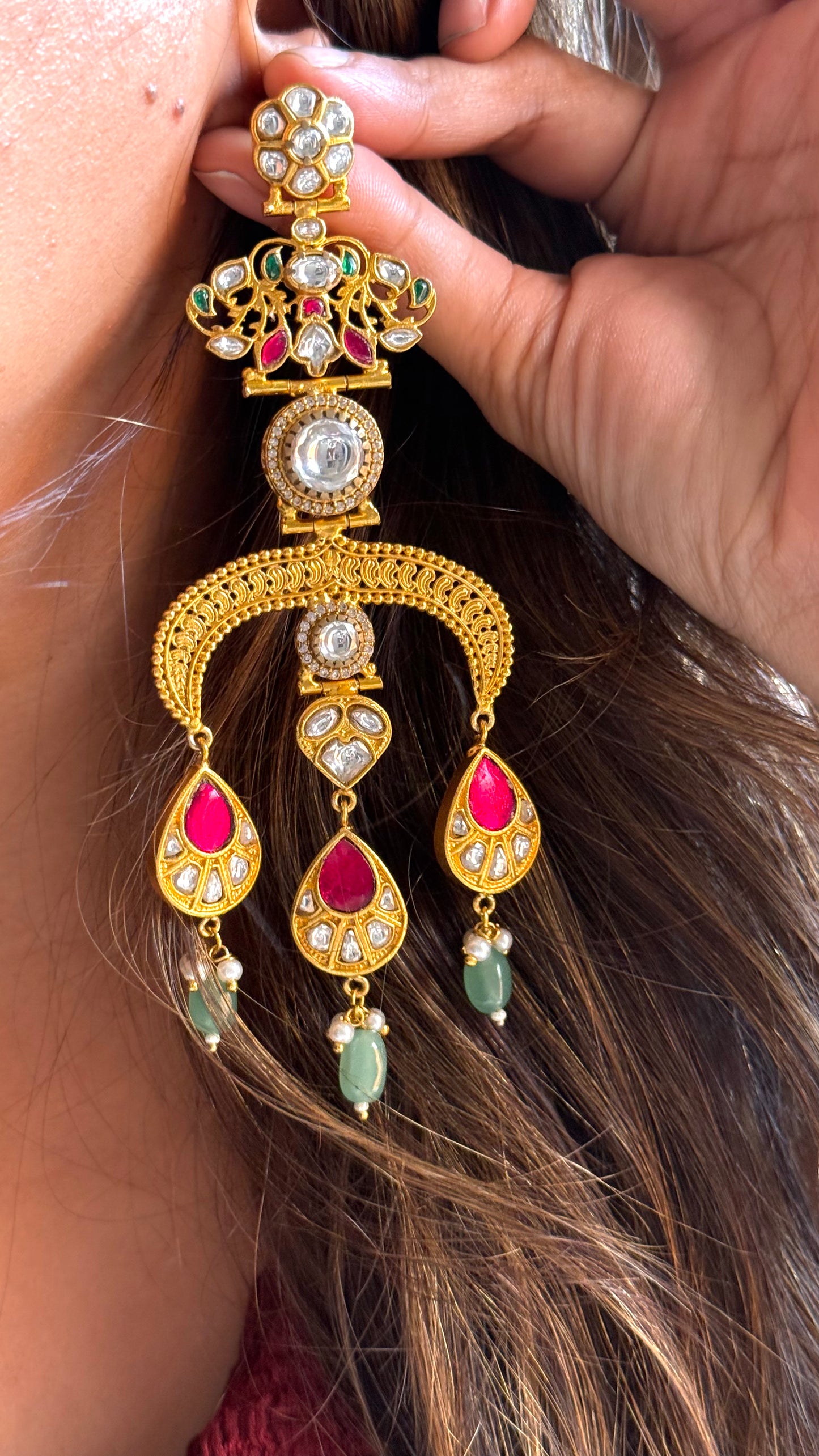 Floral paachi danglers with rani pink & mint detailing