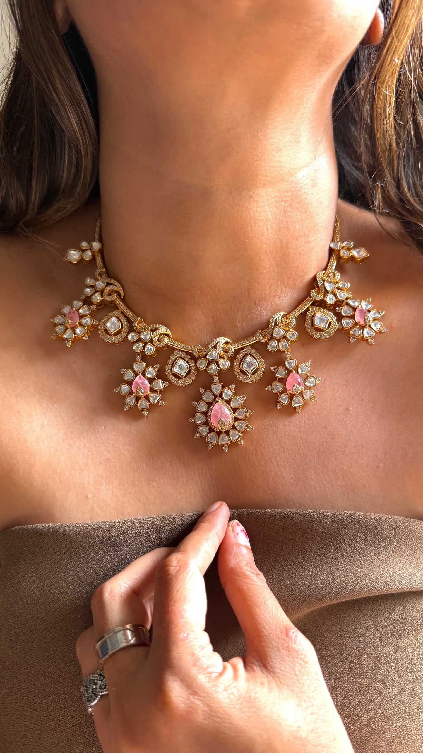 Rose quartz tear drop doublet & polki necklace