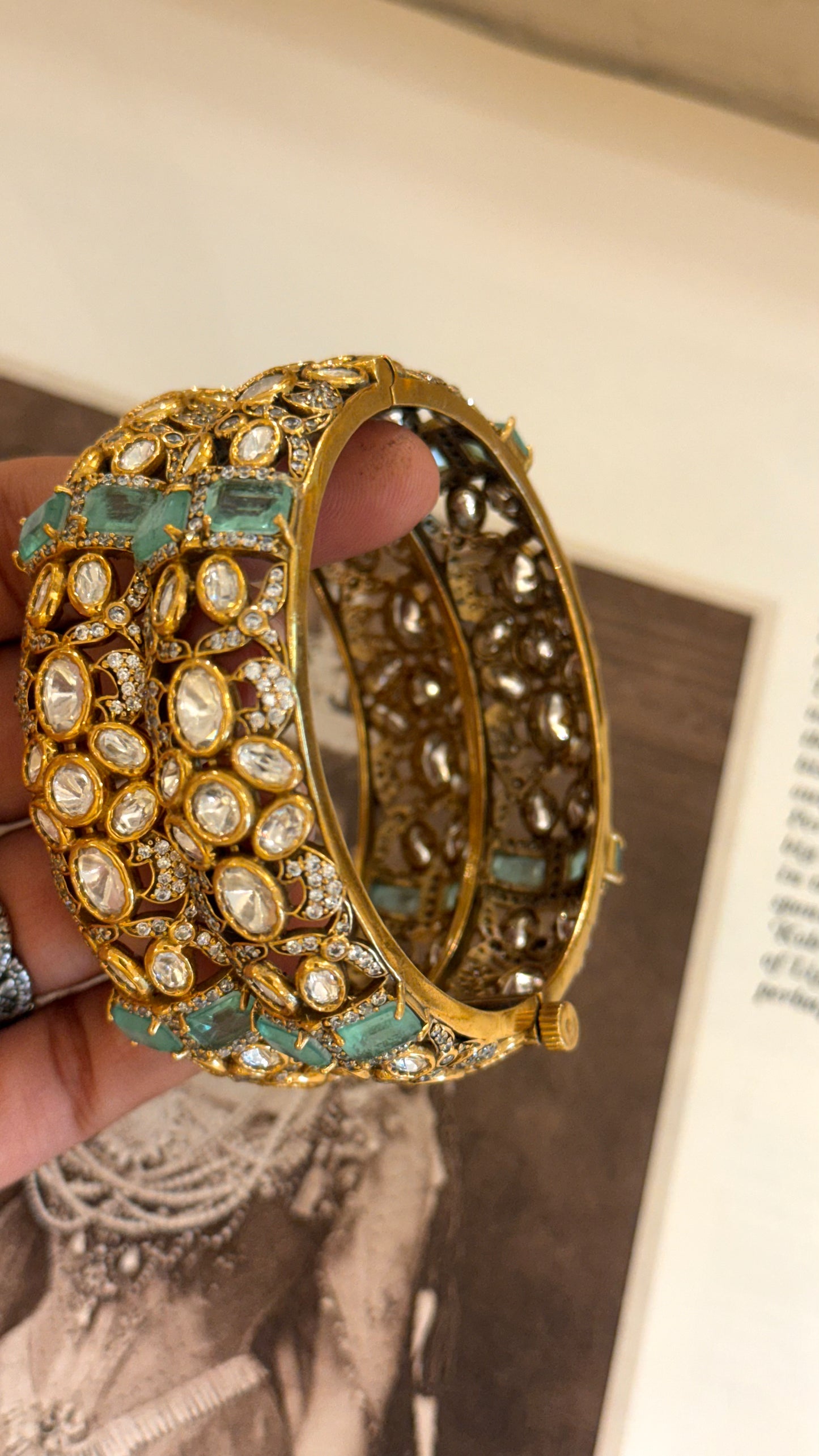 Mint moissanite polki bangles (Victorian base - Gold upper)