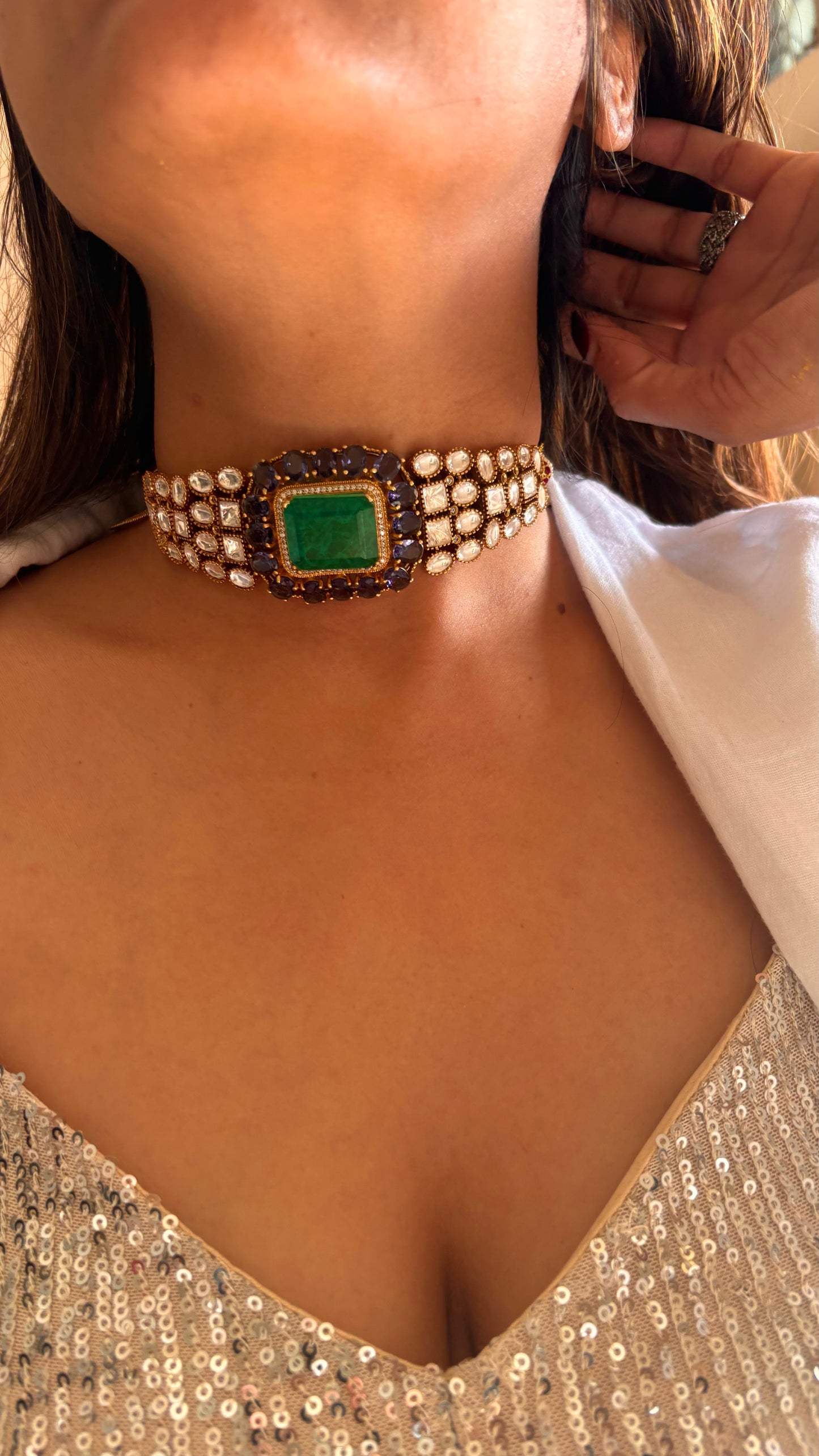 Sapphire and Emerald moissanite choker necklace