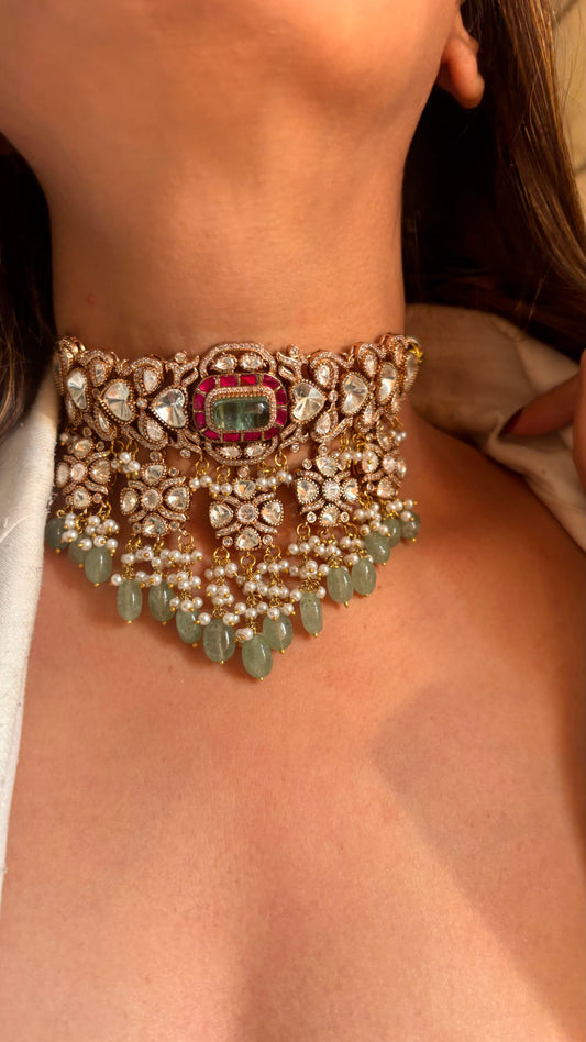 Tahira Moissanite paana ruby jhalar choker