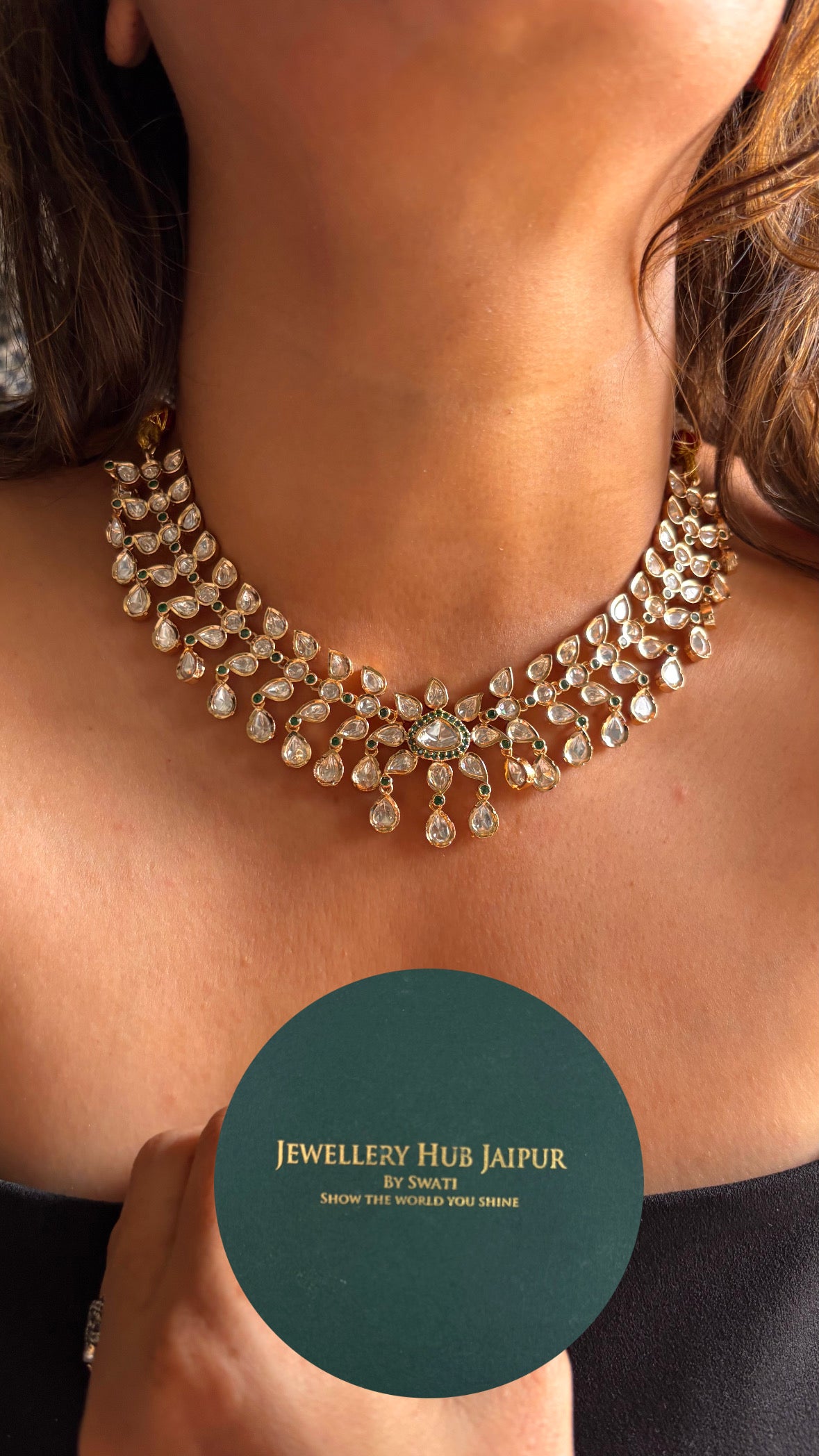 Moissanite Polki emerald collar necklace with earrings