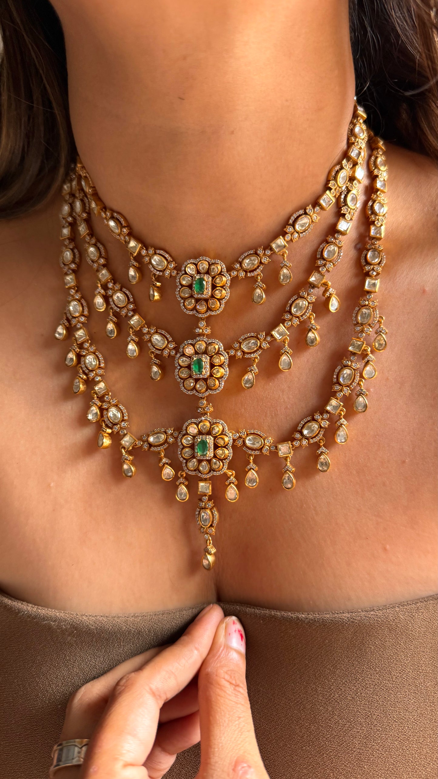 Triple layered emerald peeli polki Necklace