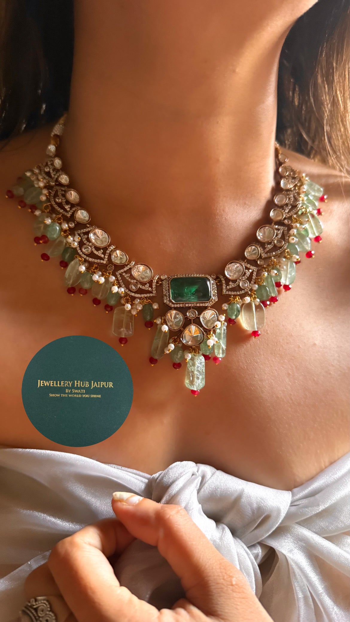 Emerald doublet moissanite polki with mint drop collar set