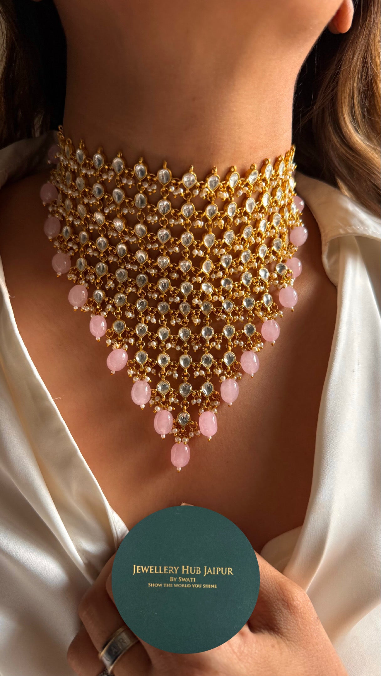 10 layered paachi Kundan rose quartz strawberry Necklace