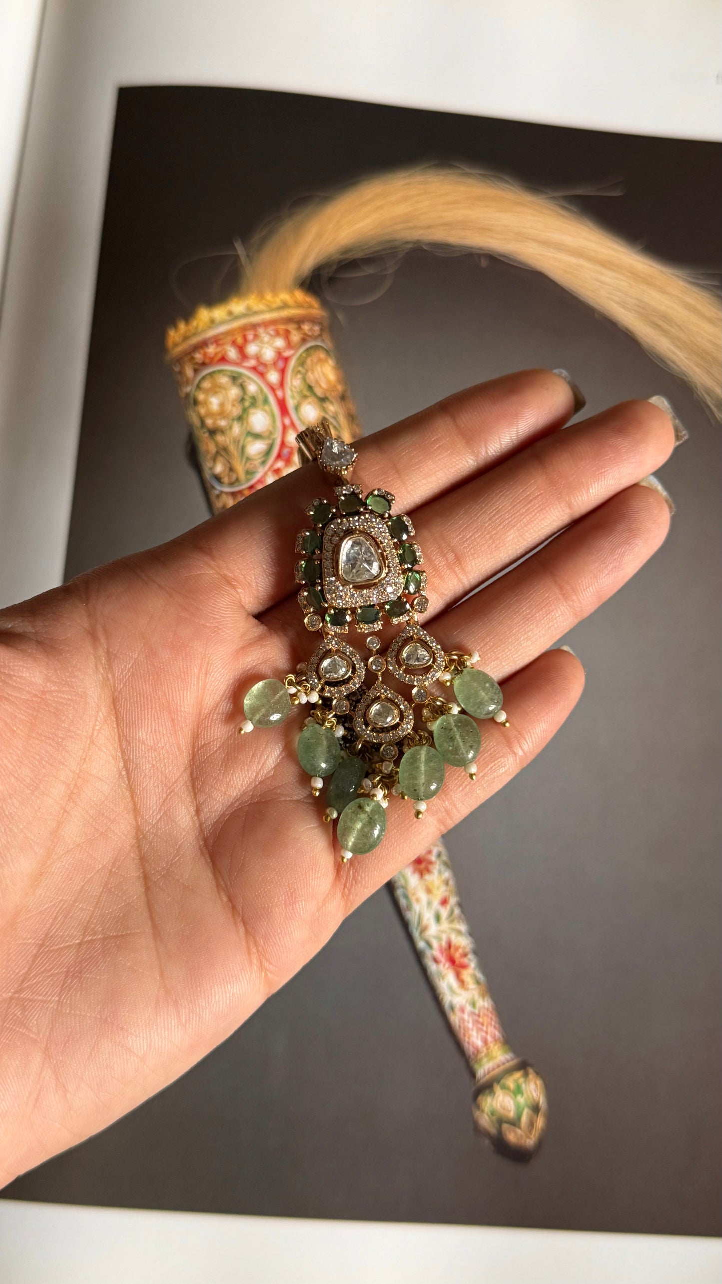 Emerald moissanite maang tika