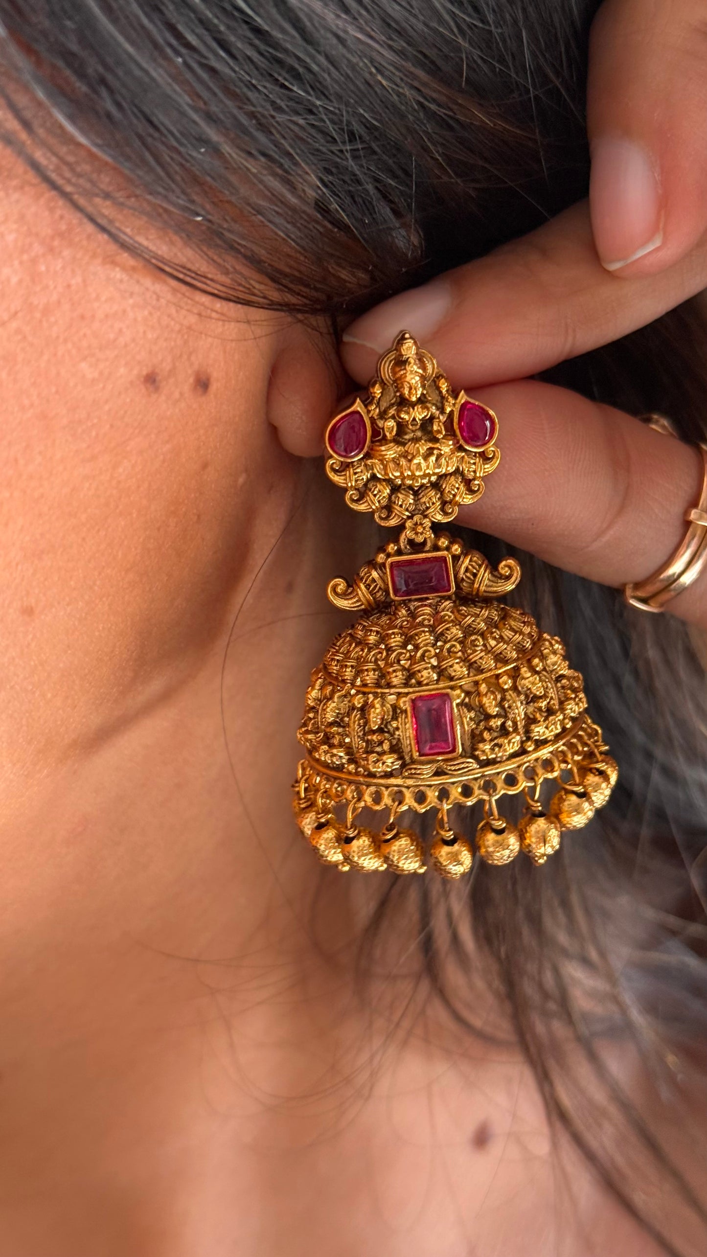 Goddess Laxmi Rani pink ruby temple Jhumka with gold droping