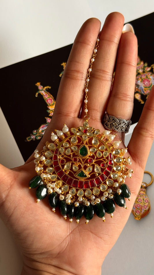 Paachi Rani pink & emerald with emerald drops heritage maangtika