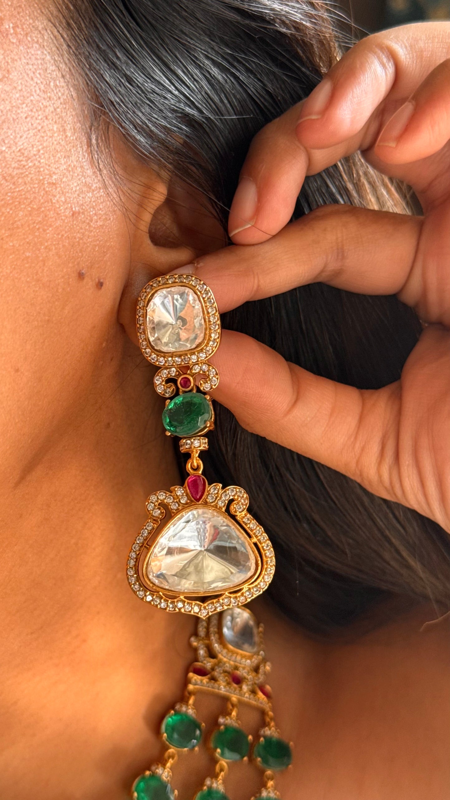 Emerald & Rani triple line uncut polki necklace