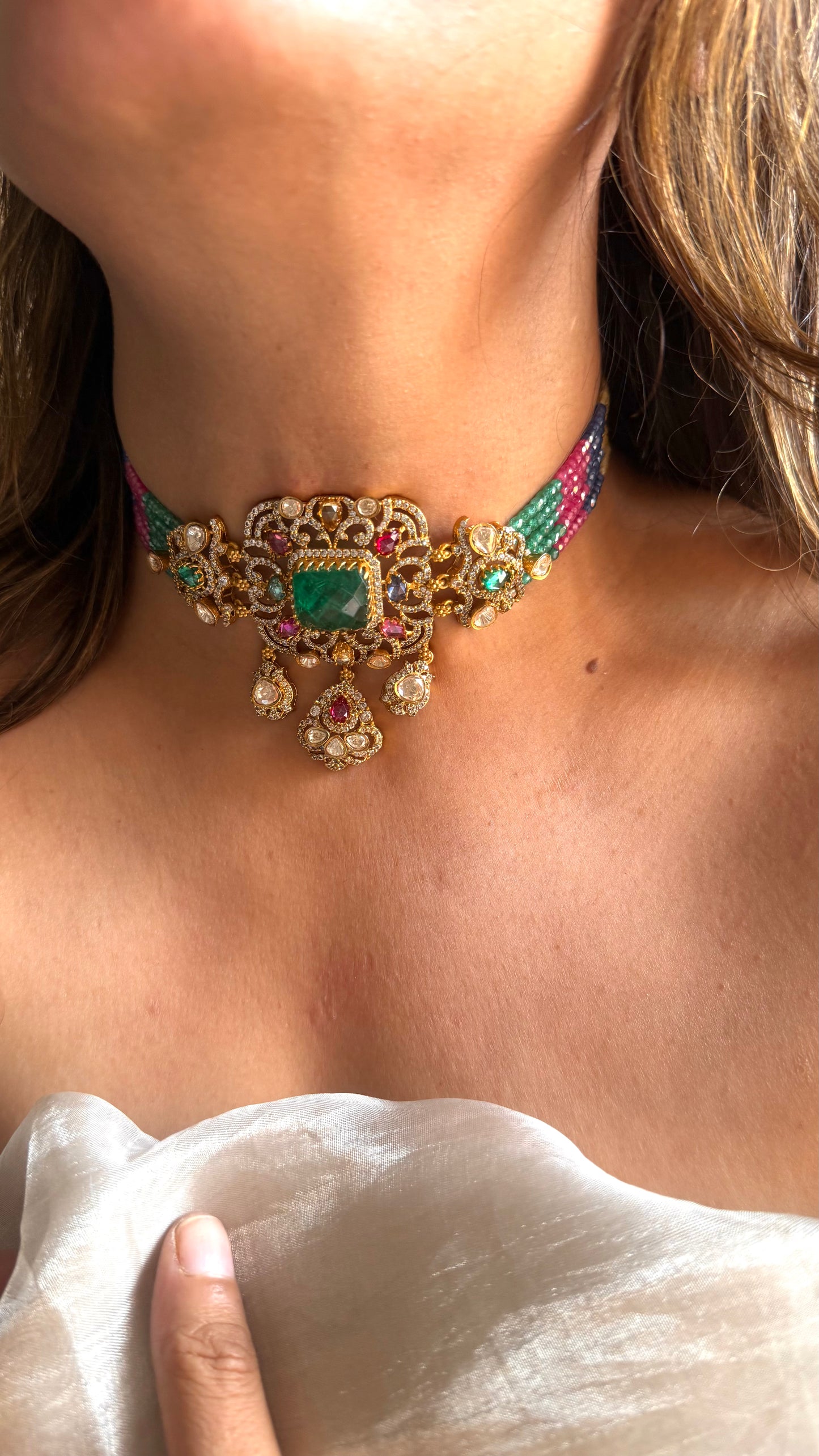 Emerald doublet designer thread choker