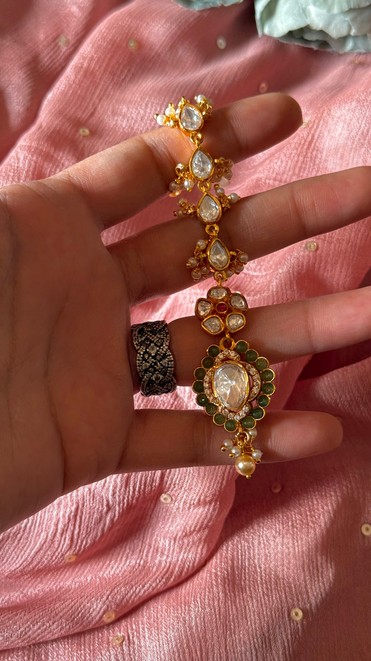 Mint real moissanite floral ruby maangtika