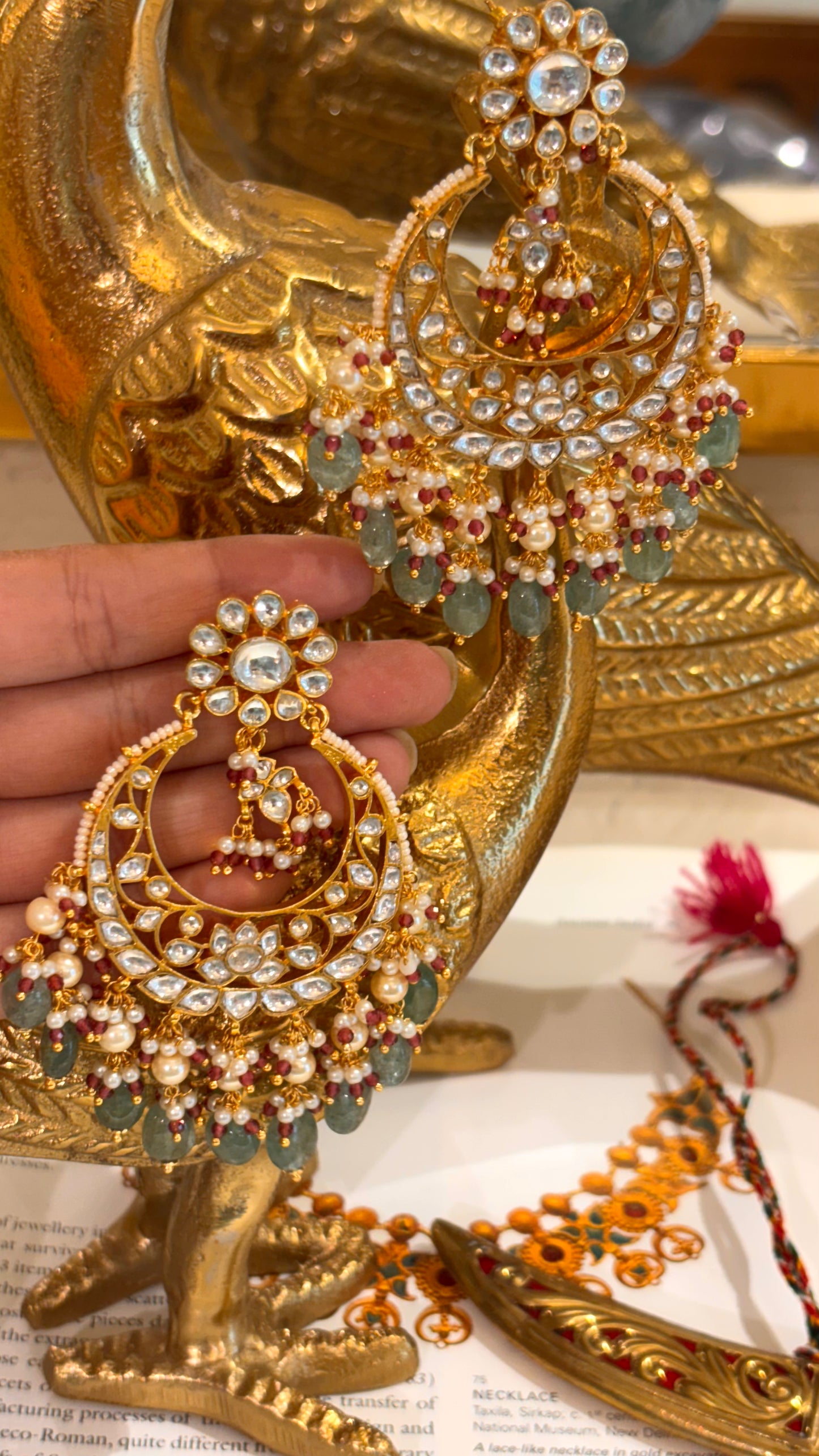 Ruby paachi chandbali with mint strawberry drops earrings