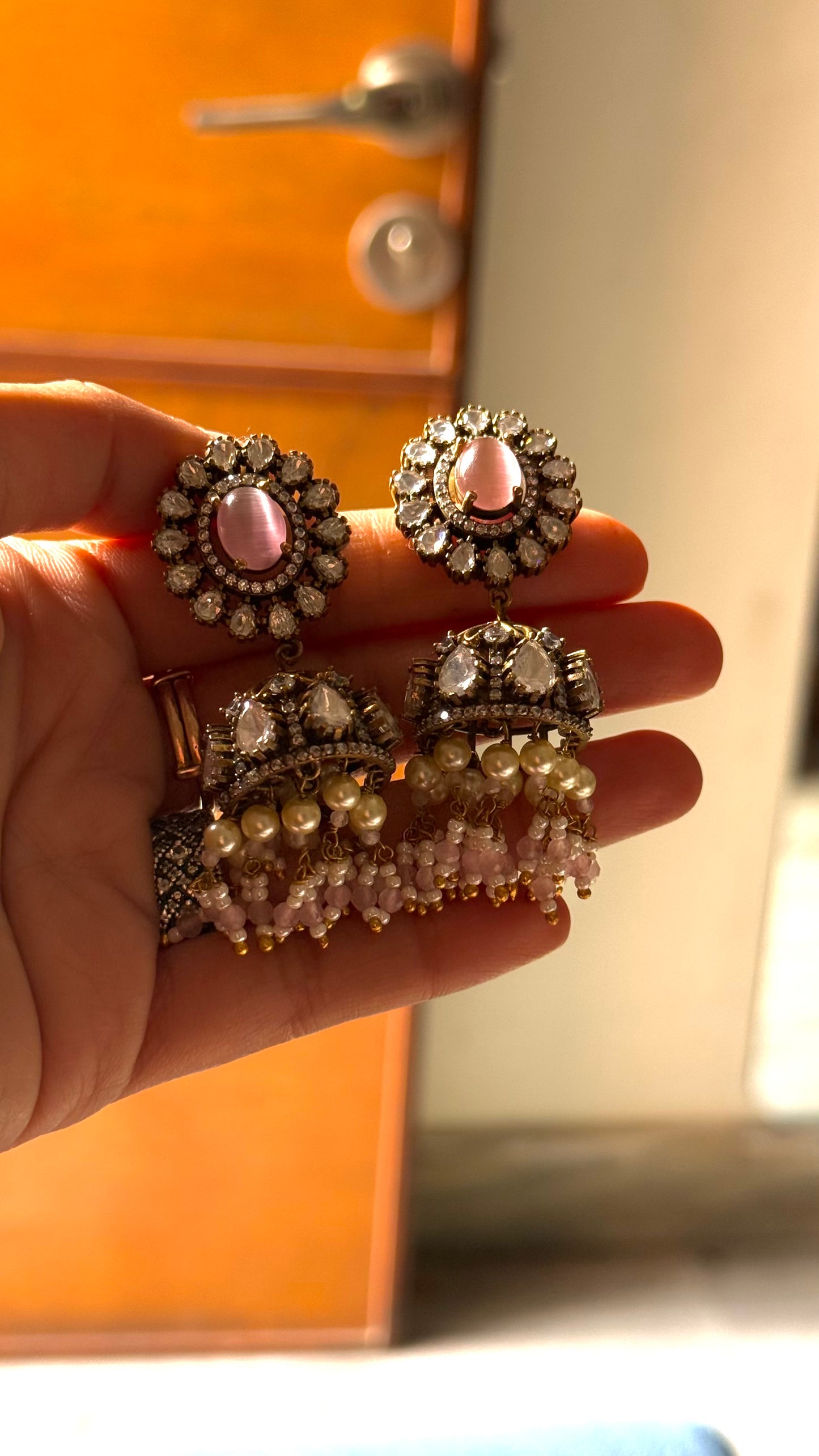 Rose quartz moissanite victorian jhumki