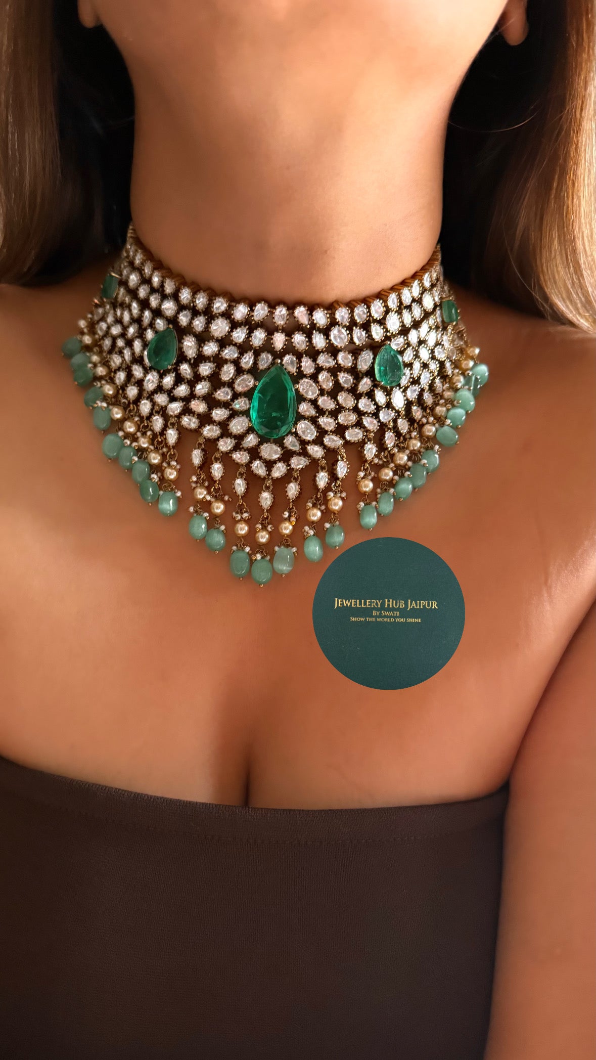 Emerald doublet moissanite polki Victorian choker set