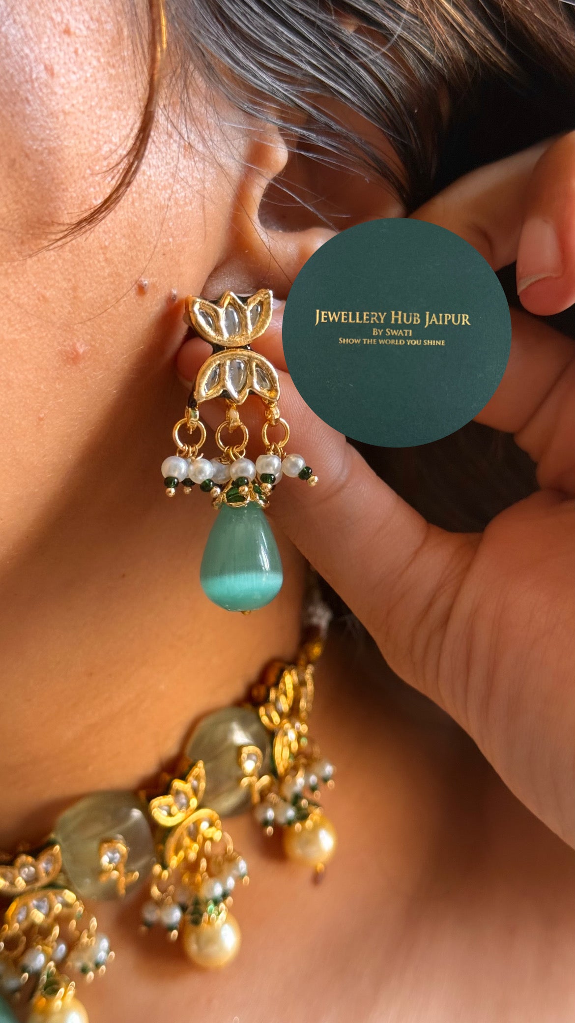 Ruby & mint inlay work & emerald meenakari paachi with pearl drop choker set