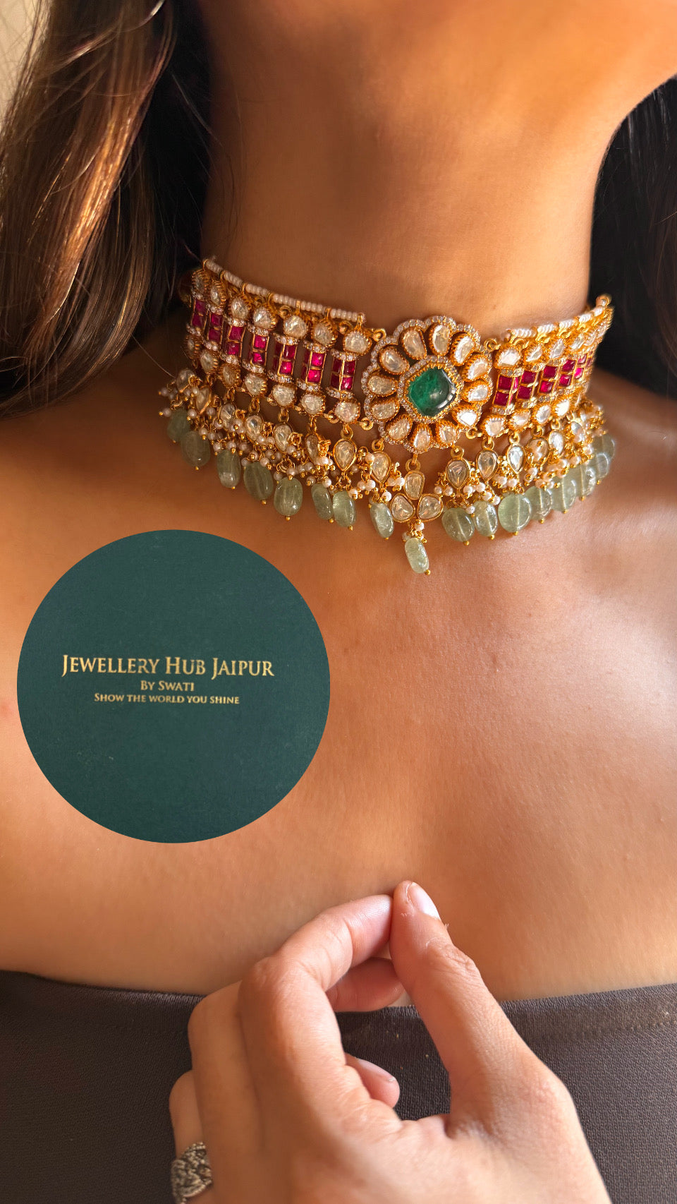 Real Moissanite statement Emerald & Rani pink katdana work choker