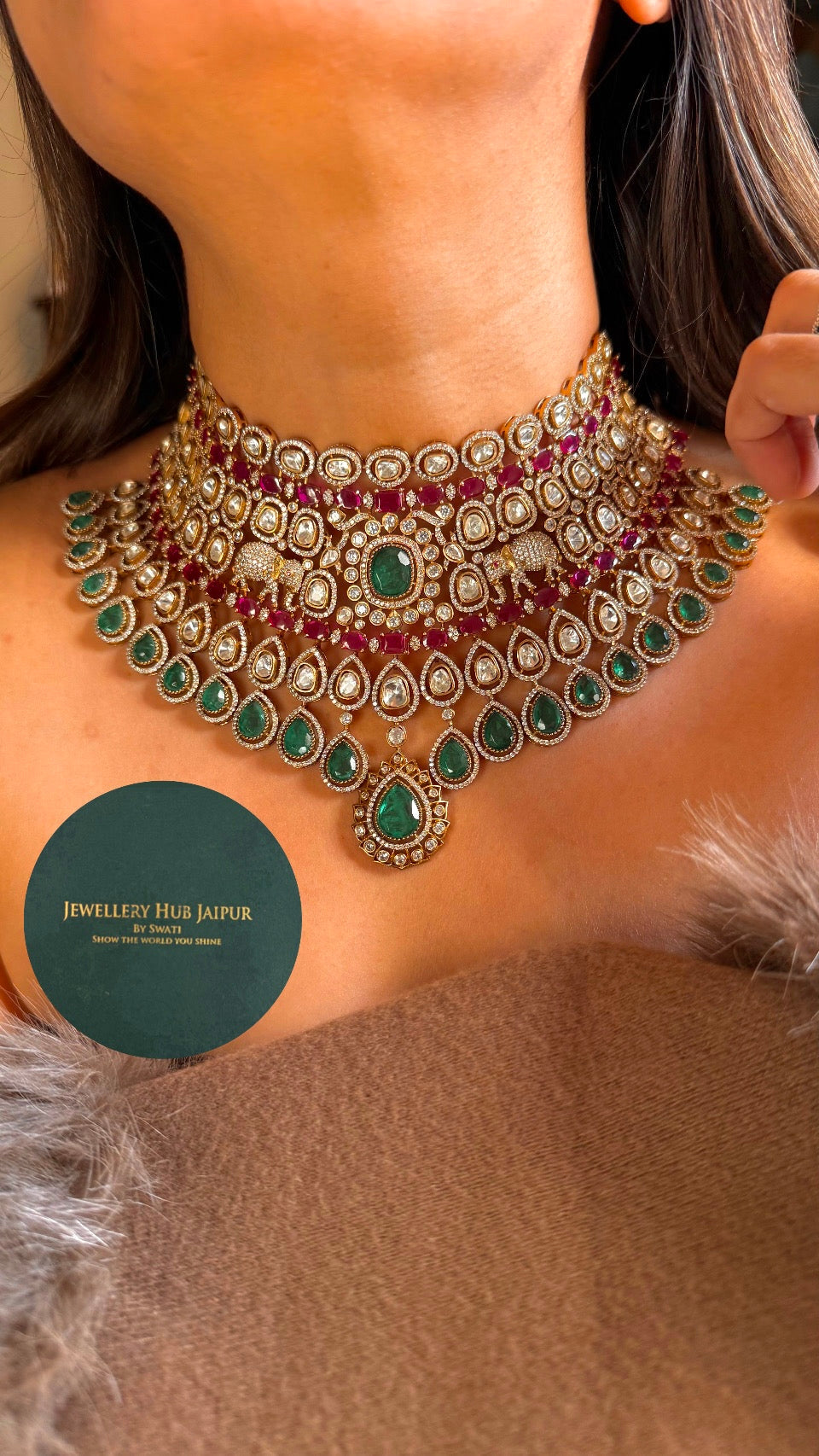 Bridal asia inspred rani pink & emerald choker