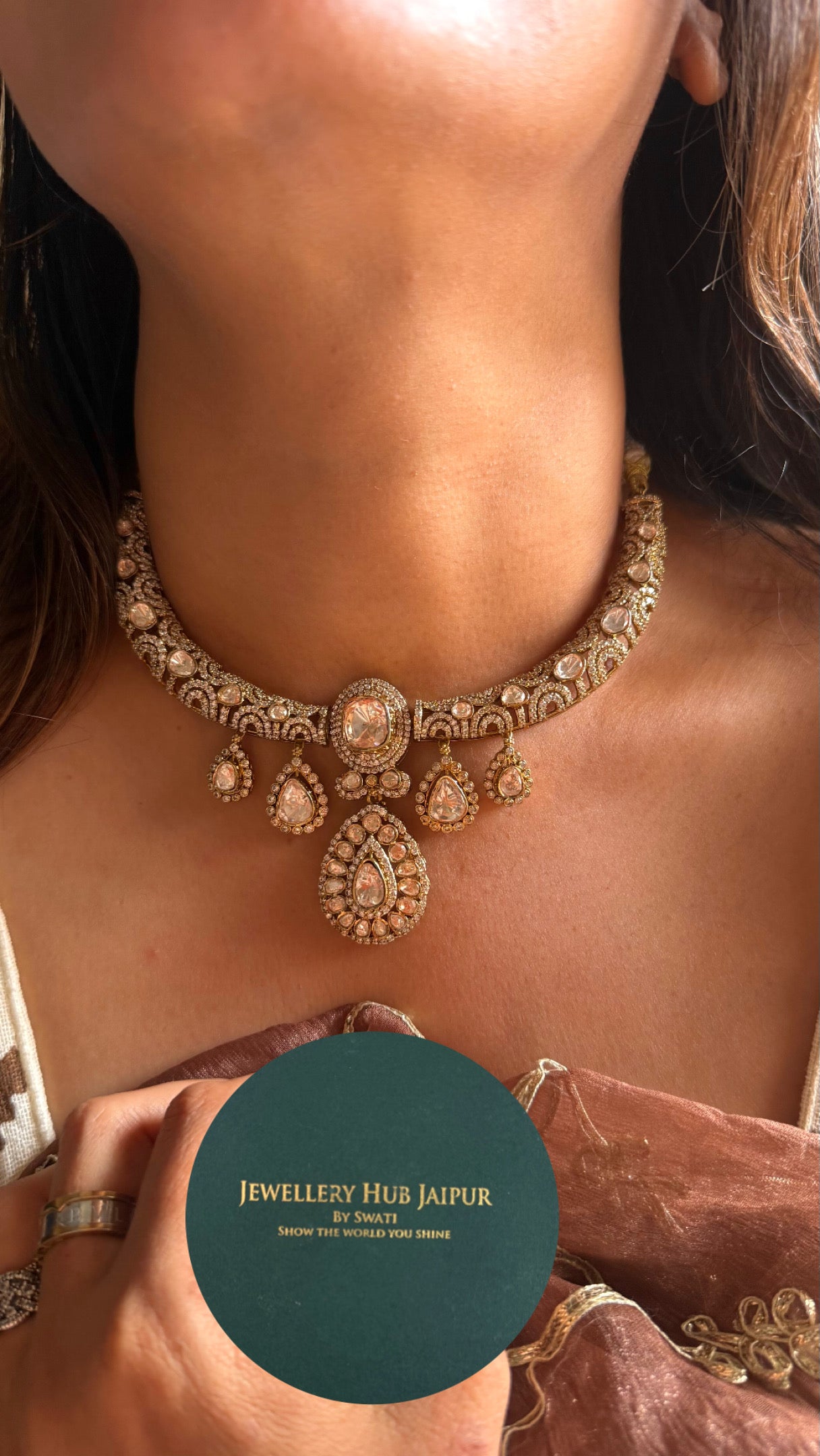 Real moissanite with peeli polki collar hasli necklace