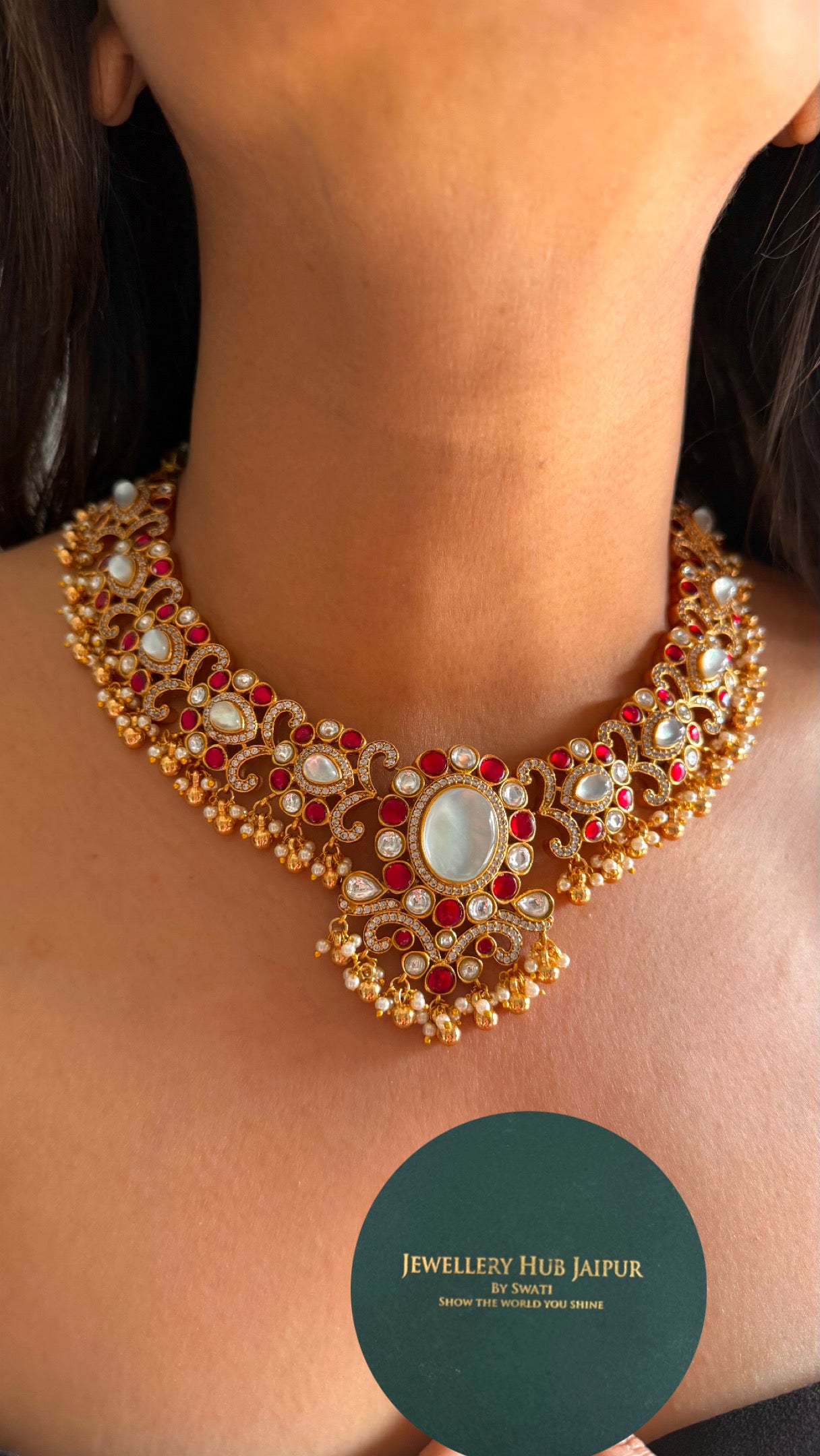 Amrapali inspired mother of pearl & rani pink designer collar necklace