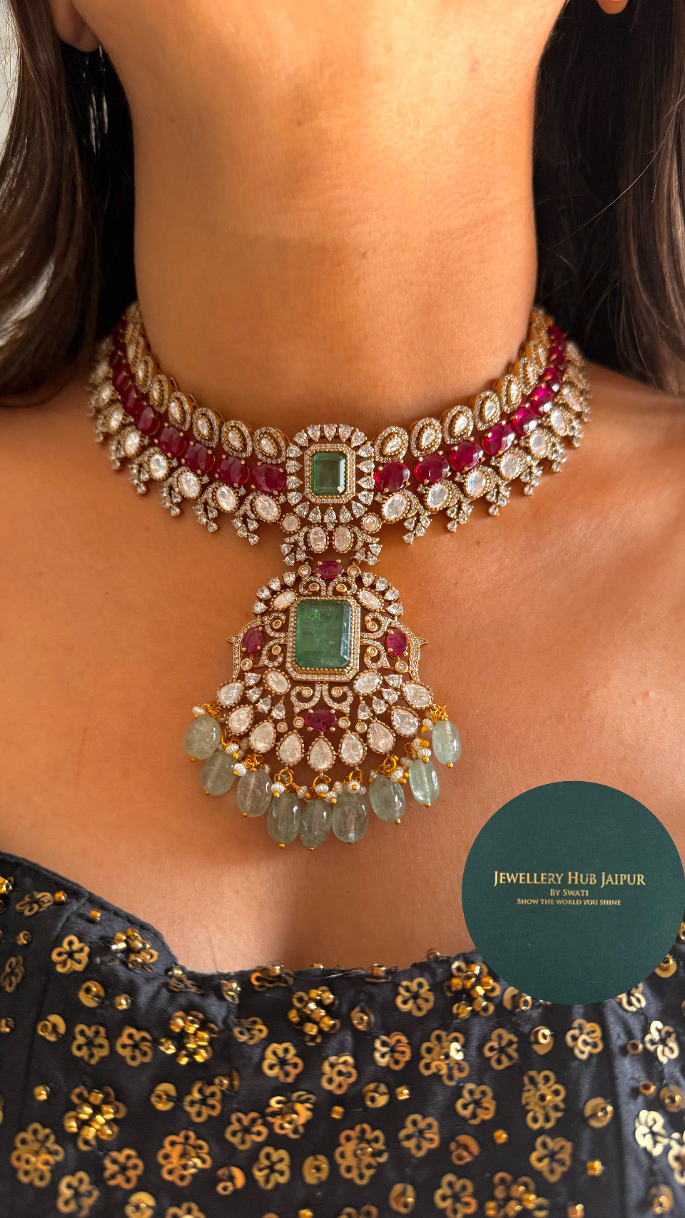 Rani pink & mint bridal Asia inspired collar necklace
