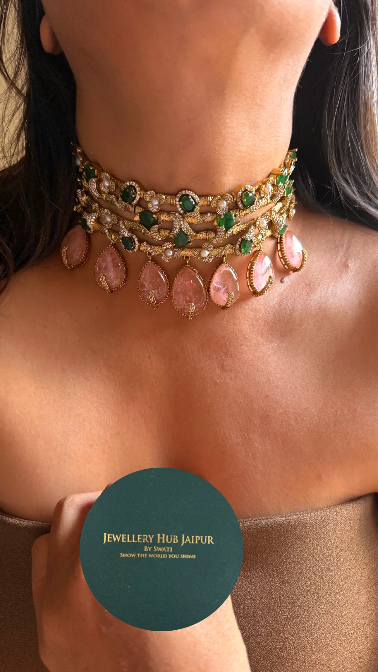 Emerald & rose quartz cocktail statement choker