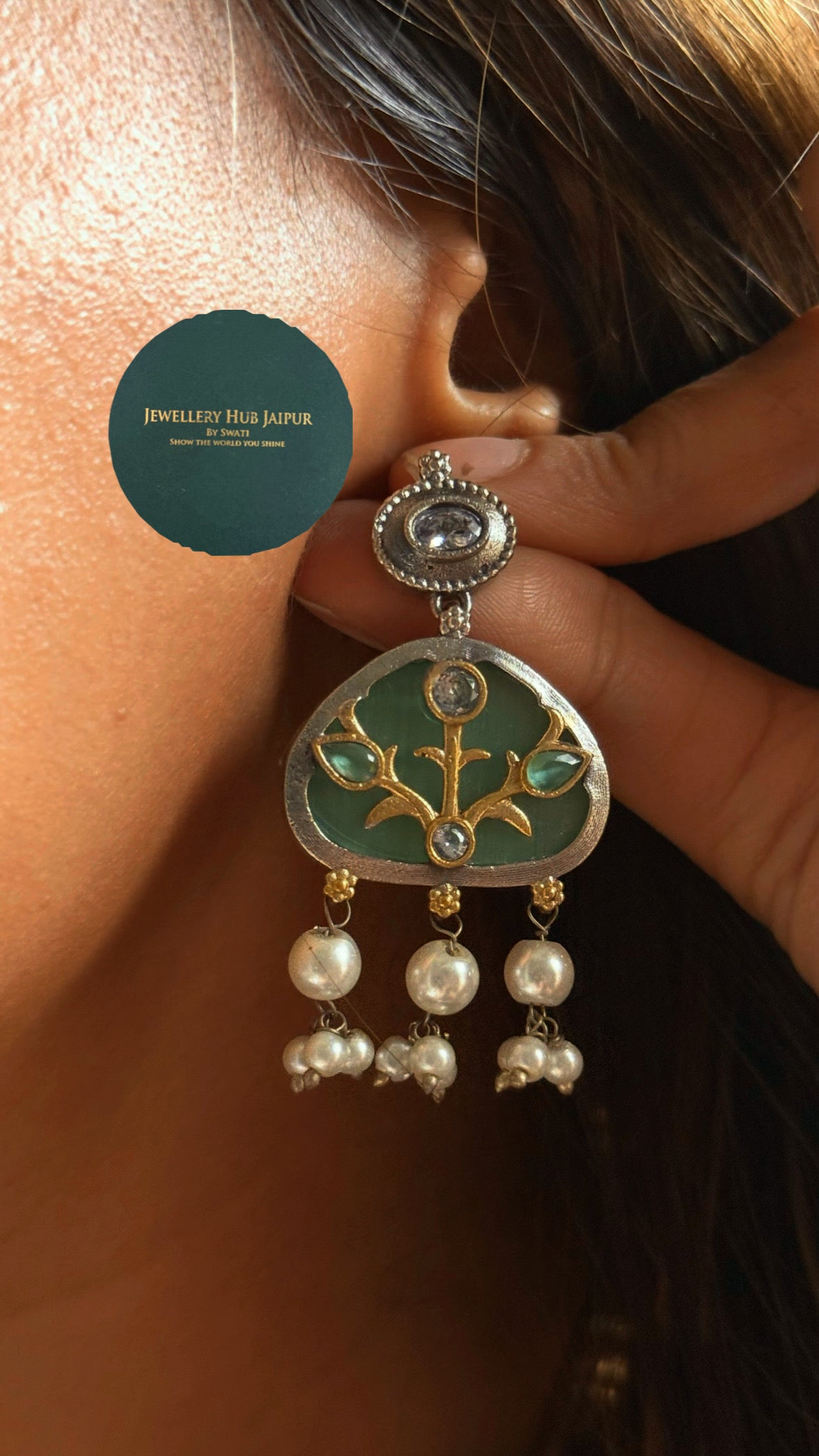 Silver & Gold Floral Saanjh tribal Hasli with mint Pendant