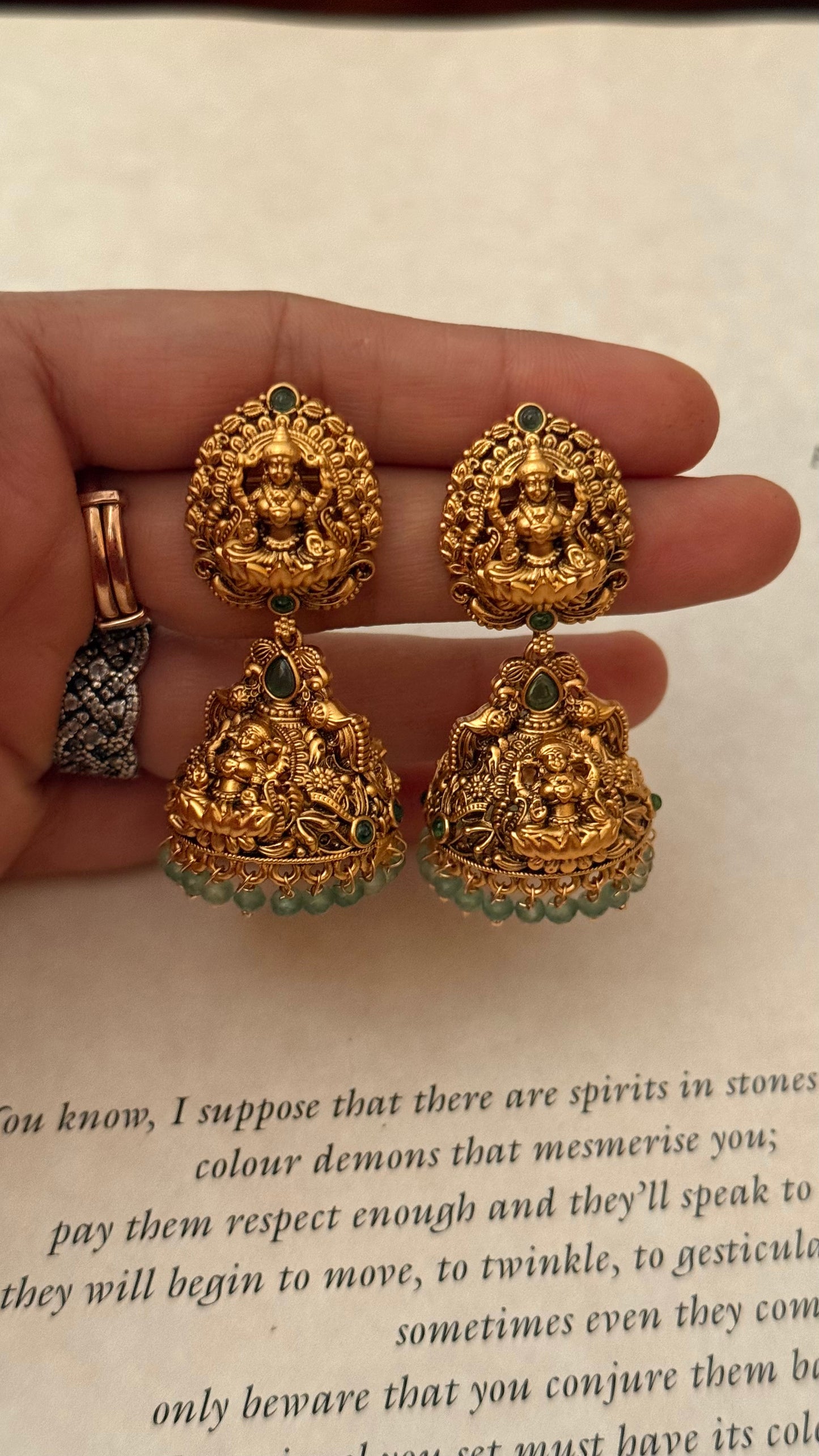 Goddess laxmi emerald & mint drop earrings