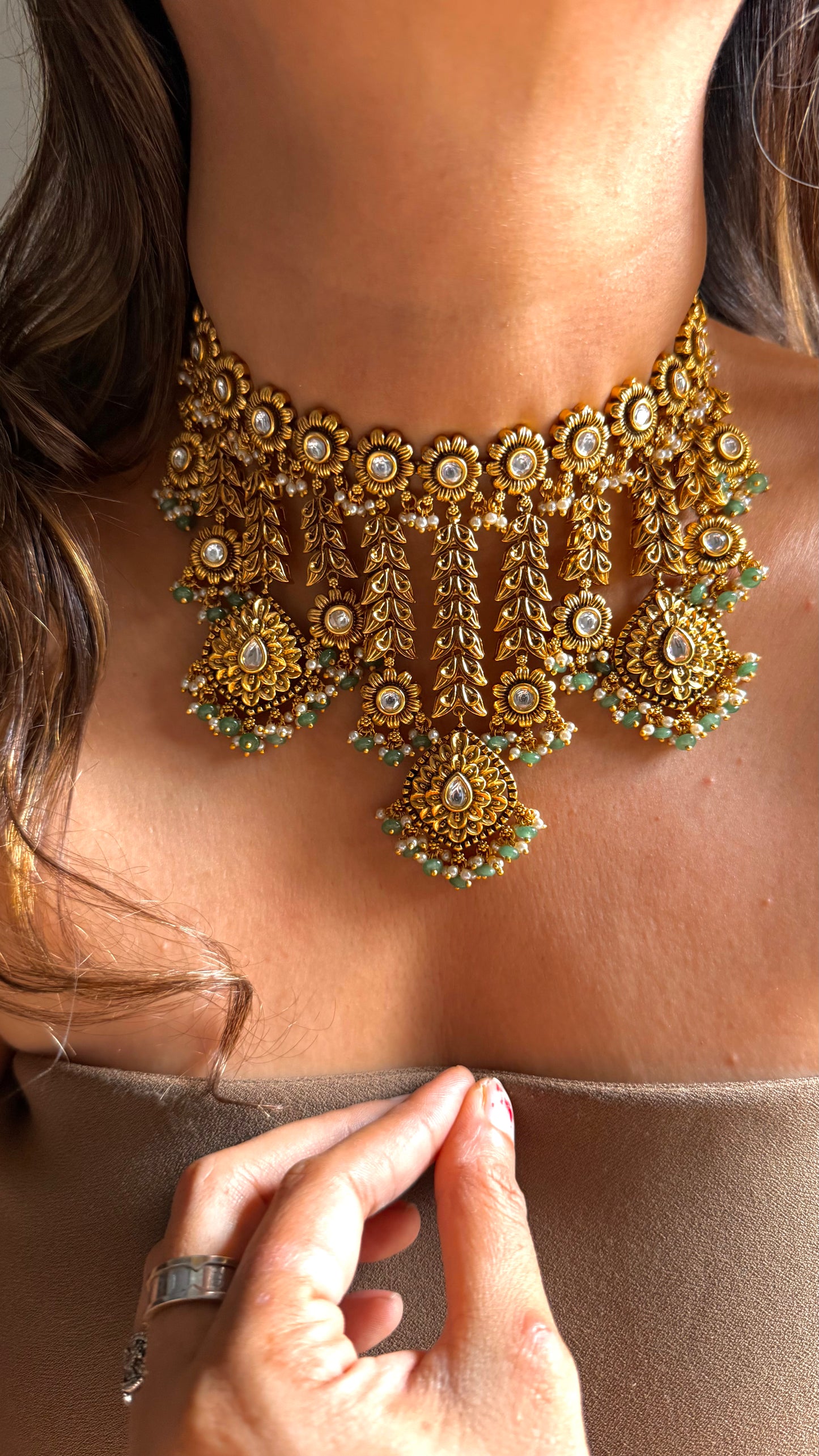 Floral waterfall oxidised Gold Choker with mint detailing