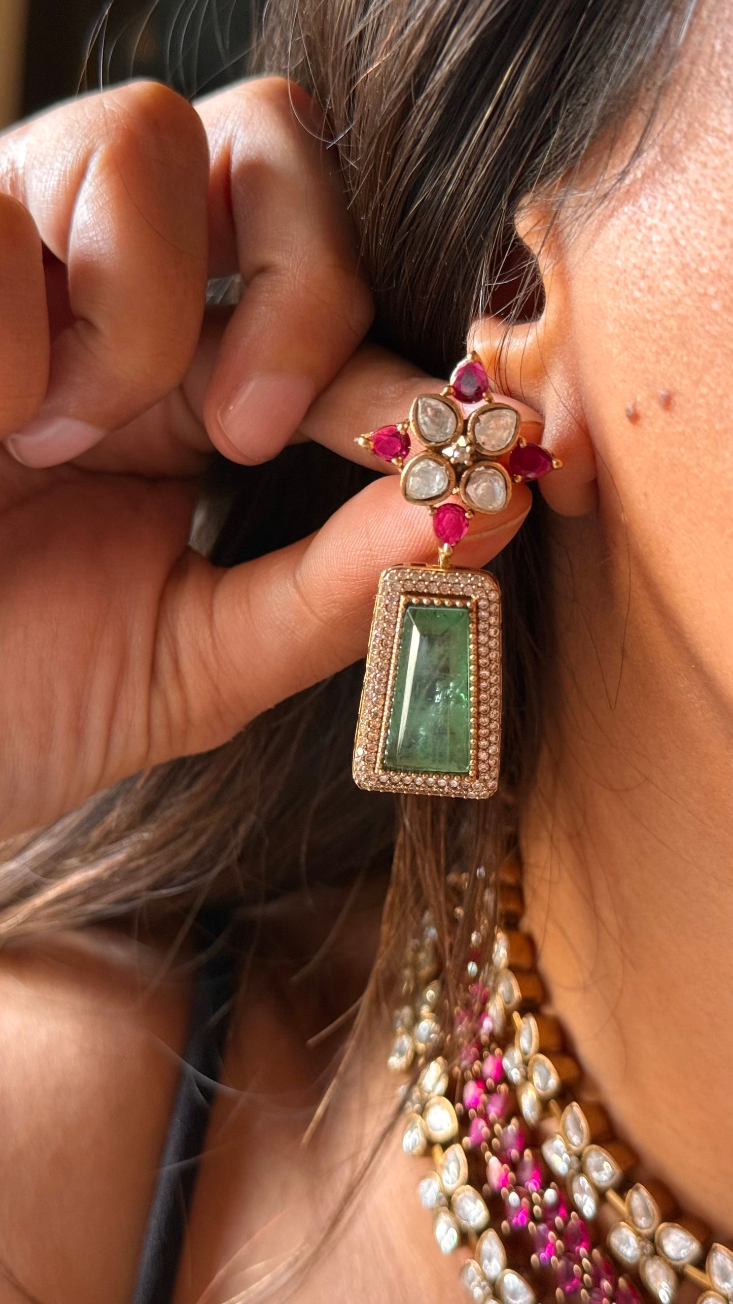 Mint doublet & rani pink takkar work designer Necklace