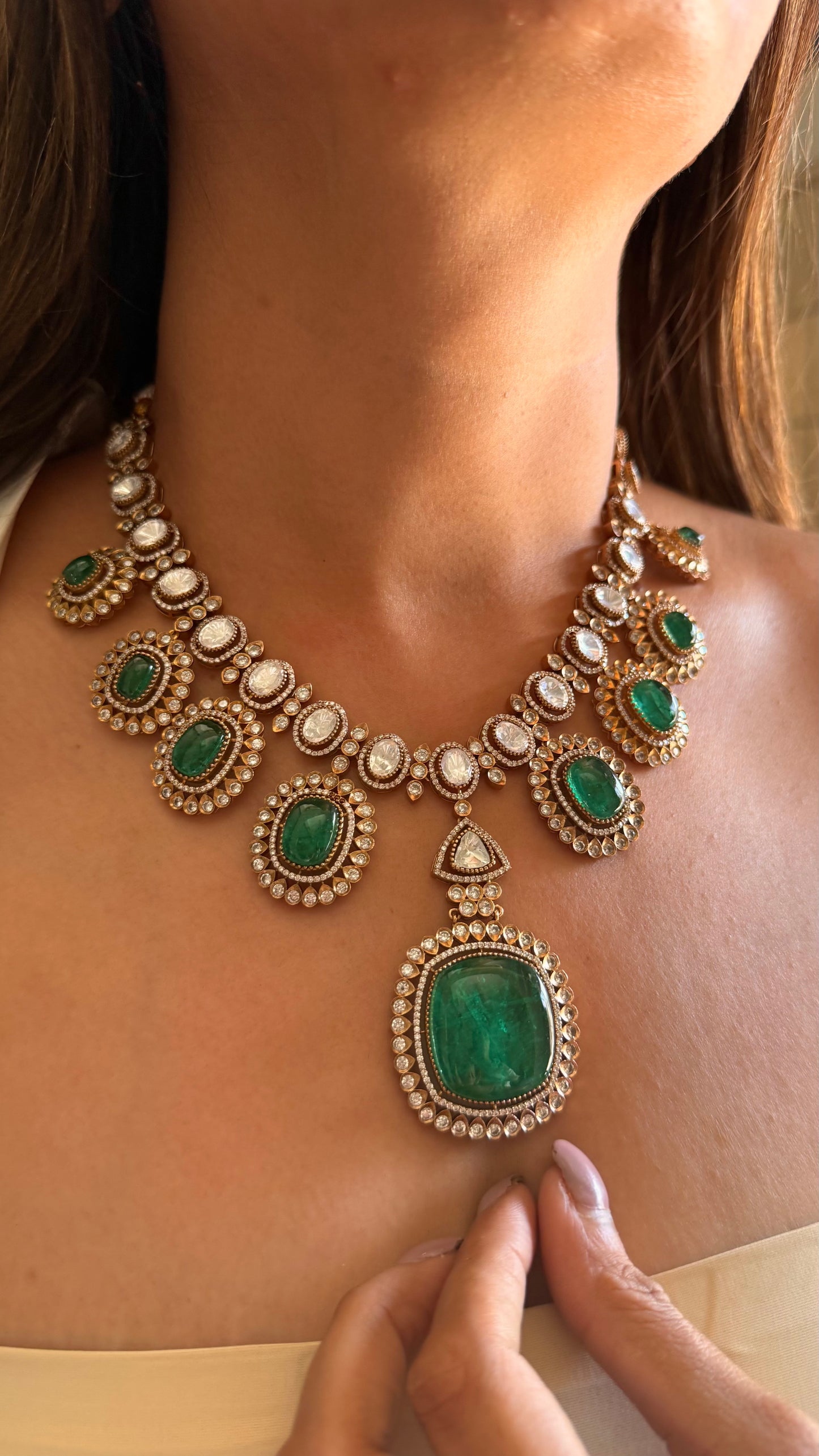 Emerald moissanite polki designer necklace