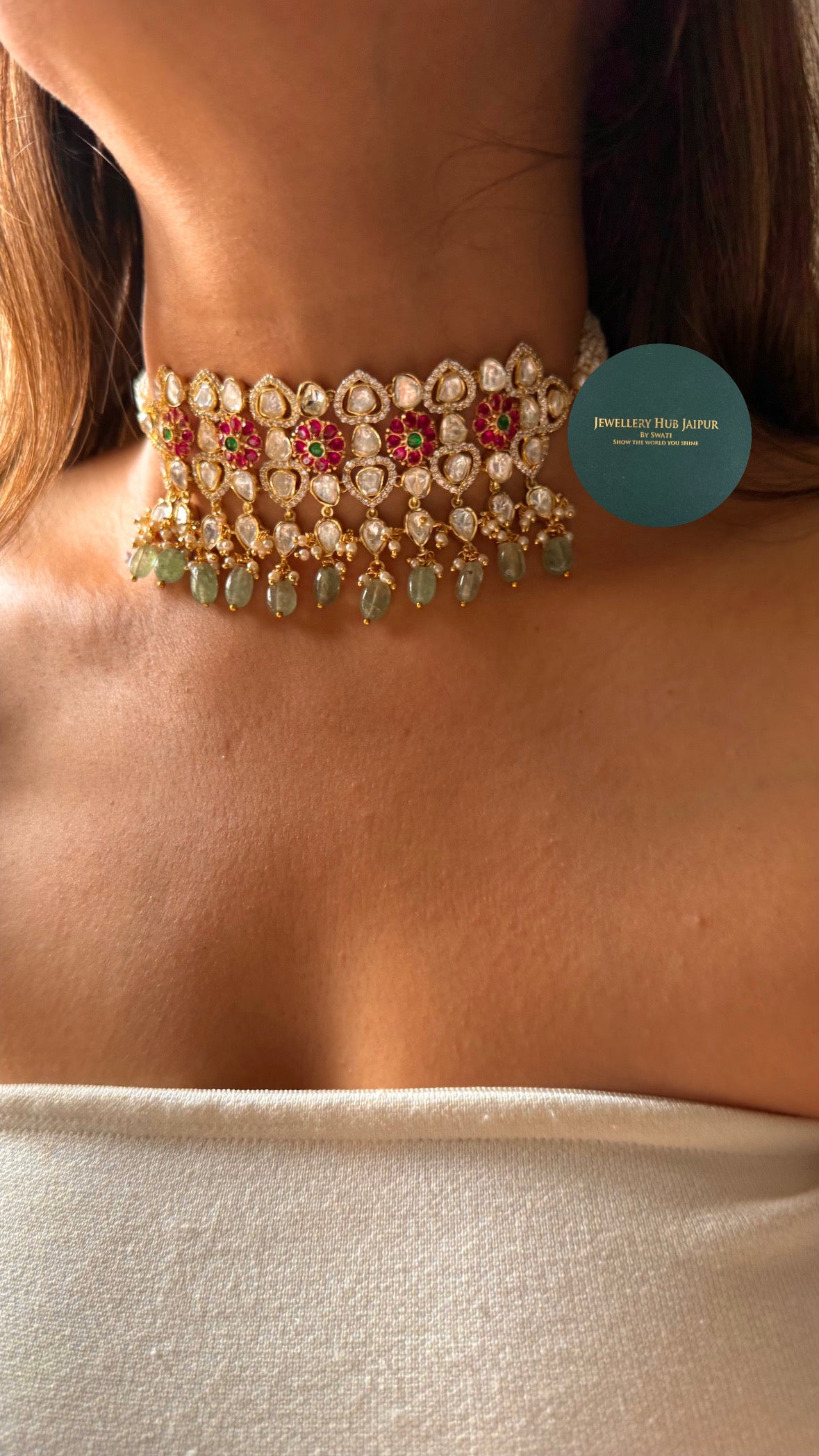 Rani pink & emerald real moissanite with mint drop choker set