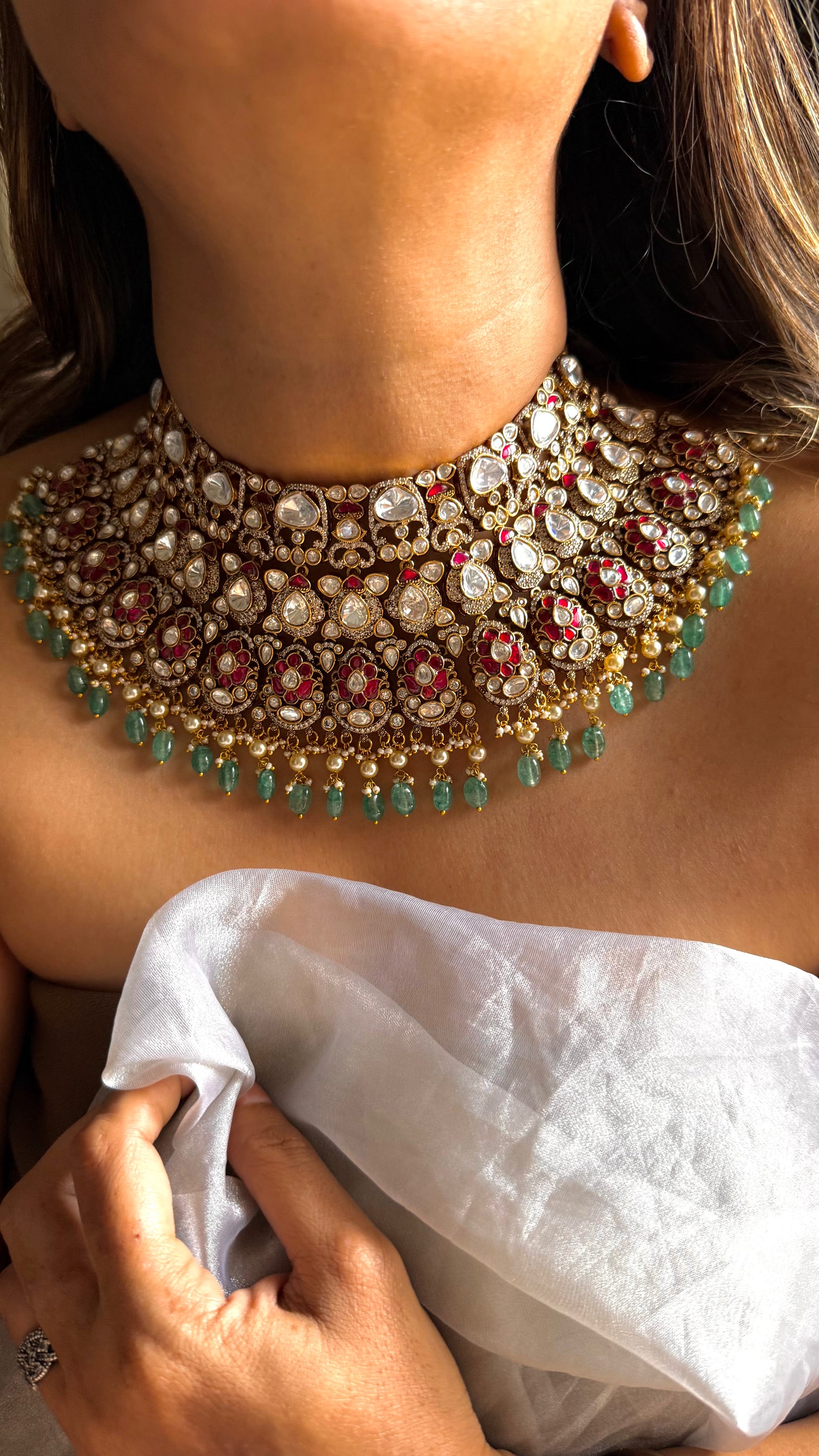 Rani pink takkar & mint drop choker with uncut polki detailing